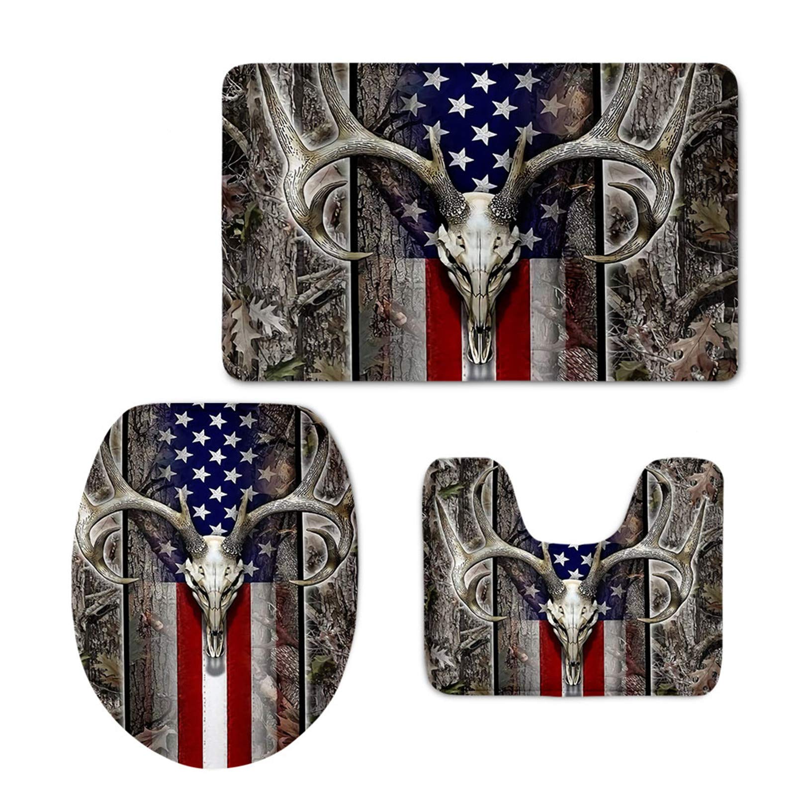 SEANATIVE 3-Piece Bathroom Rug Set - Patriotic American Flag & Camo Toilet Seat Cover, Contour Rug & Pedestal Mat - Non-Slip Bath Mat for Farmhouse, Cabin & Hunting Lodge Decor (Wood Deer Skull & Oak Design)