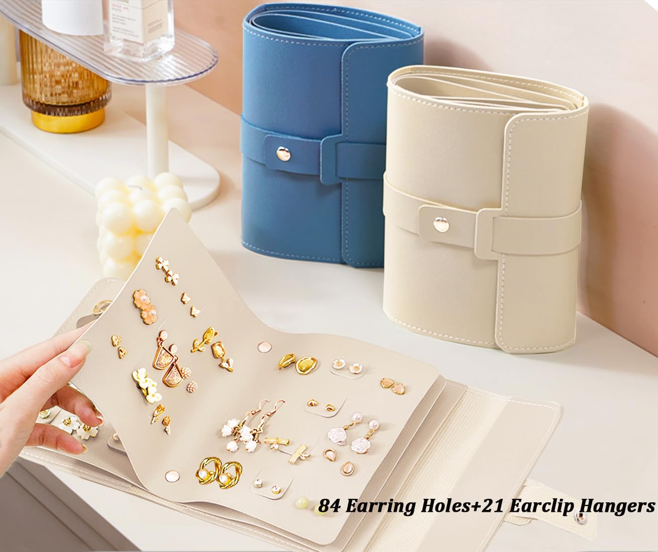 42-Pair Travel Earring Organizer Book - Compact Stud Earring Storage Case for Women & Girls | Portable Jewelry Holder for Travel, Home, Office & Gifts (Beige)