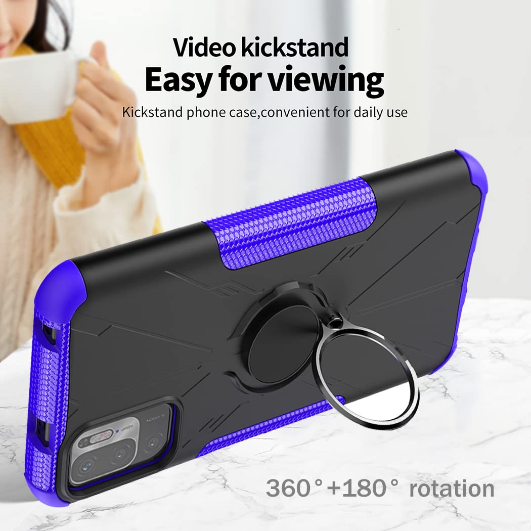 Premium Shockproof Phone Case for Redmi Note 10 5G/Poco M3 Pro/Redmi Note 10T 5G - Includes Tempered Glass Screen Protector & Metal Ring Holder Kickstand - Durable Protection Cover for Xiaomi Redmi Note 10 5G (Purple) - Perfect for Work, Travel and Everyday Use
