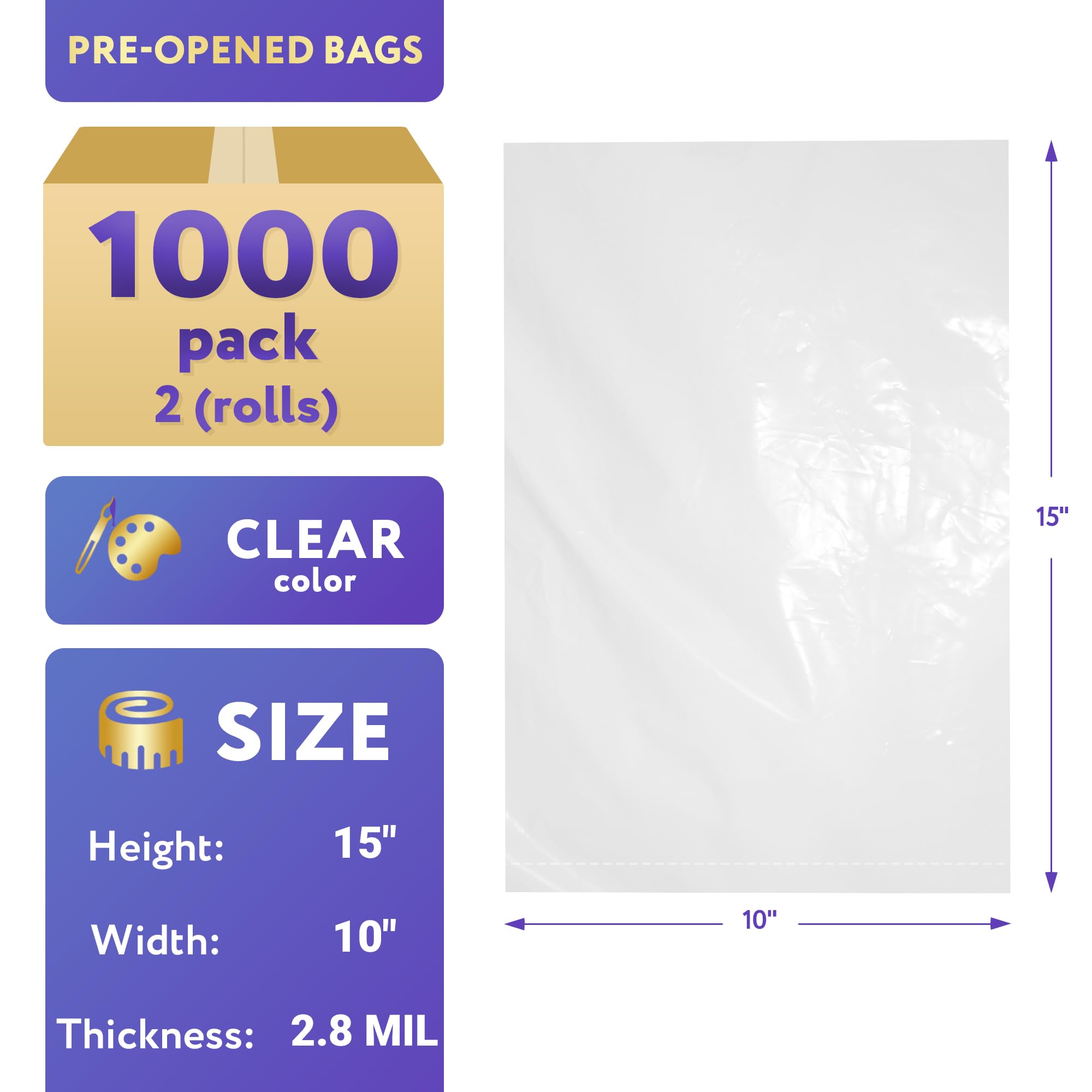 APQ 2 Rolls, 1000 Pre-Opened Heavy Duty Poly Bags 10x15 Inches - 2.80 Mil Thick Clear Plastic Bags for Packing, Storage, Food Service & Industrial Use | Ideal for Retail Packaging, Warehouse Organization & Food Safety Compliance