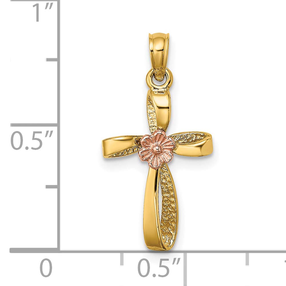 14K Two-Tone Gold Twisted Cross Pendant with Pink Flower Charm - Elegant Jewelry for Women, Perfect for Gifts, Anniversaries & Special Occasions