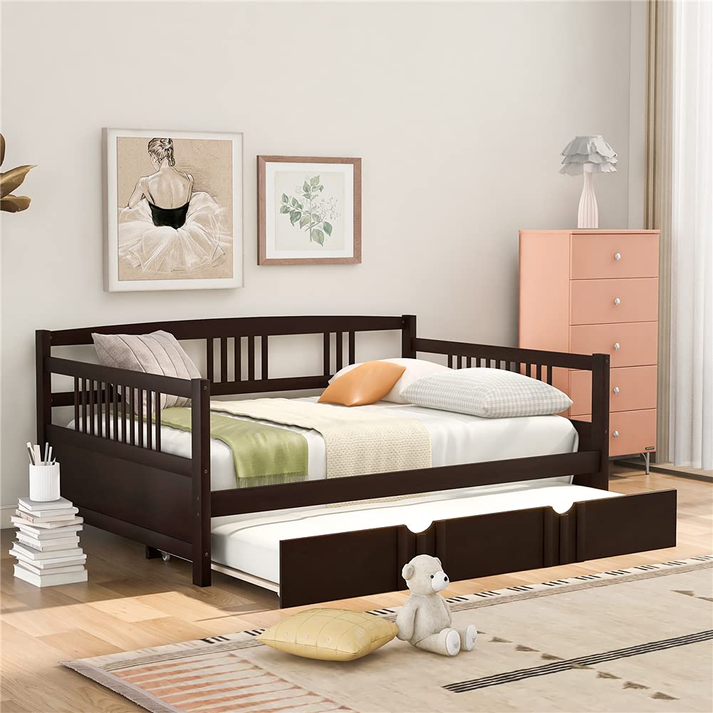 Kids Daybed Sofa Bed with Pull-Out Trundle - Pinewood Frame with Guardrails & Wood Slats - Full Size Espresso Finish - Perfect for Sleepovers, Guest Rooms & Small Spaces