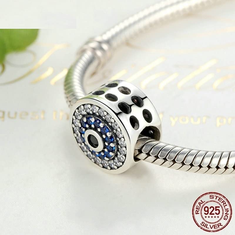 JSFJOFO 925 Sterling Silver Blue Crystal Eye Beads - Round Charm Beads for Women's Bracelets & Jewelry Making - Perfect for DIY Crafting, Gift Giving and Boho Style Accessories