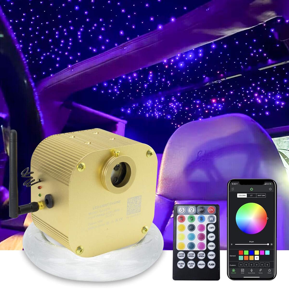 AMKI Twinkle 16W Fiber Optic Star Ceiling Light Kit - 450pcs 0.03in 9.8ft Strands with RGBW Bluetooth/APP Control - Perfect for Car Headliner & Home Ceiling Decor - Sound Activated Starlight Kit for Bedroom, Theater & Party Lighting