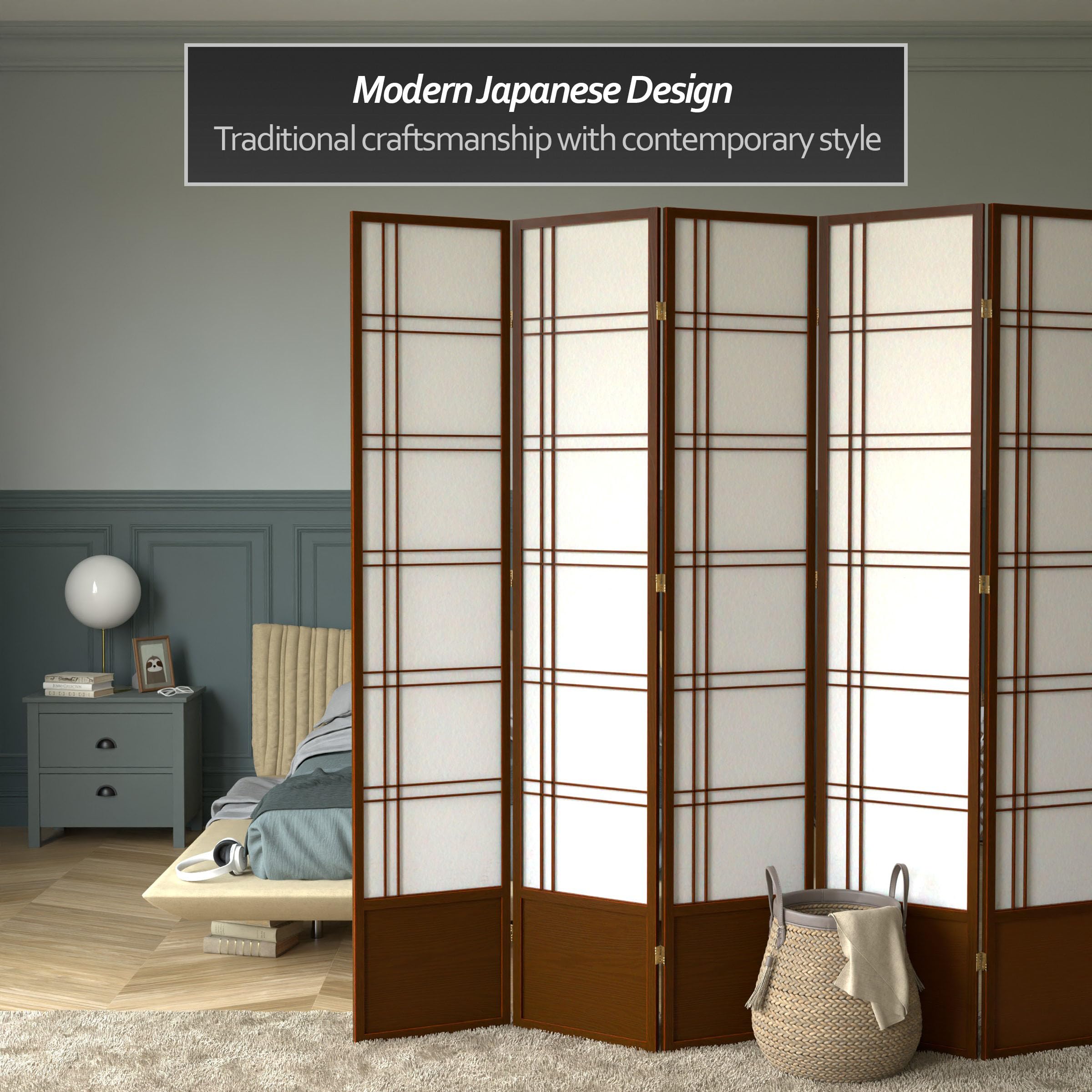 Red Lantern SS-84-DC-Walnut 5-Panel Room Divider Screen - Solid Walnut Wood Folding Partition for Home, Office & Event Decor
