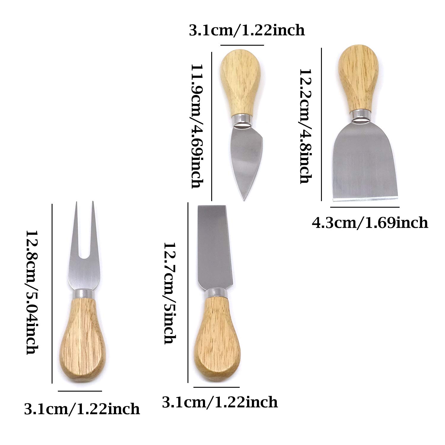 Honbay 4-Piece Stainless Steel Cheese Knife Set with Wooden Handle - Cheese Slicer & Cutter for Formaggio, Butter (4.7 Inch) - Perfect for Charcuterie Boards, Wine Parties & Gourmet Cheese Platters