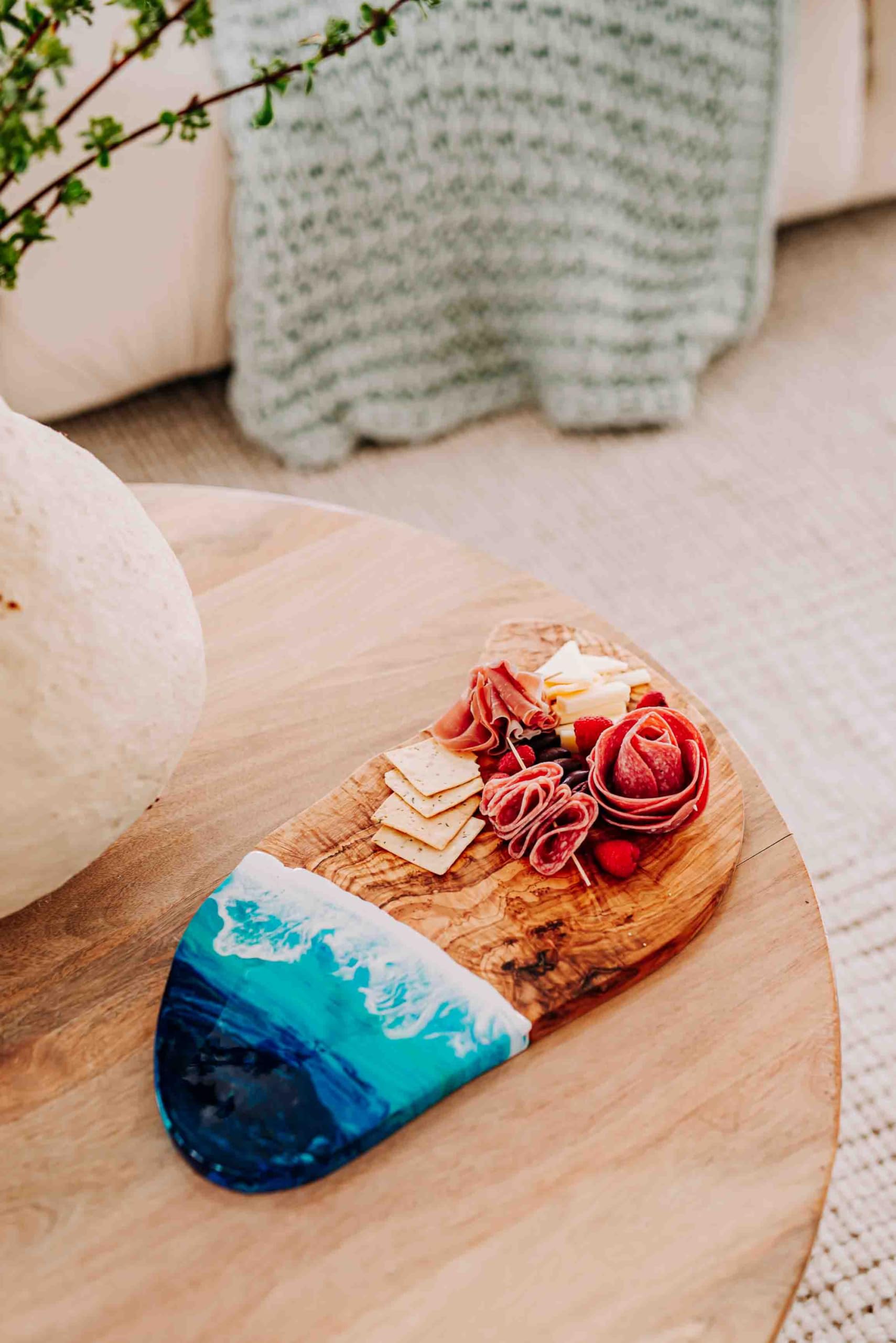 WLB Designs Coastal Serving Board - Olive Wood Charcuterie Tray with Ocean Wave Resin Design | Beach-Themed Cutting Board for Cheese & Charcuterie | Perfect Housewarming Gift & Coastal Kitchen Decor for Entertaining
