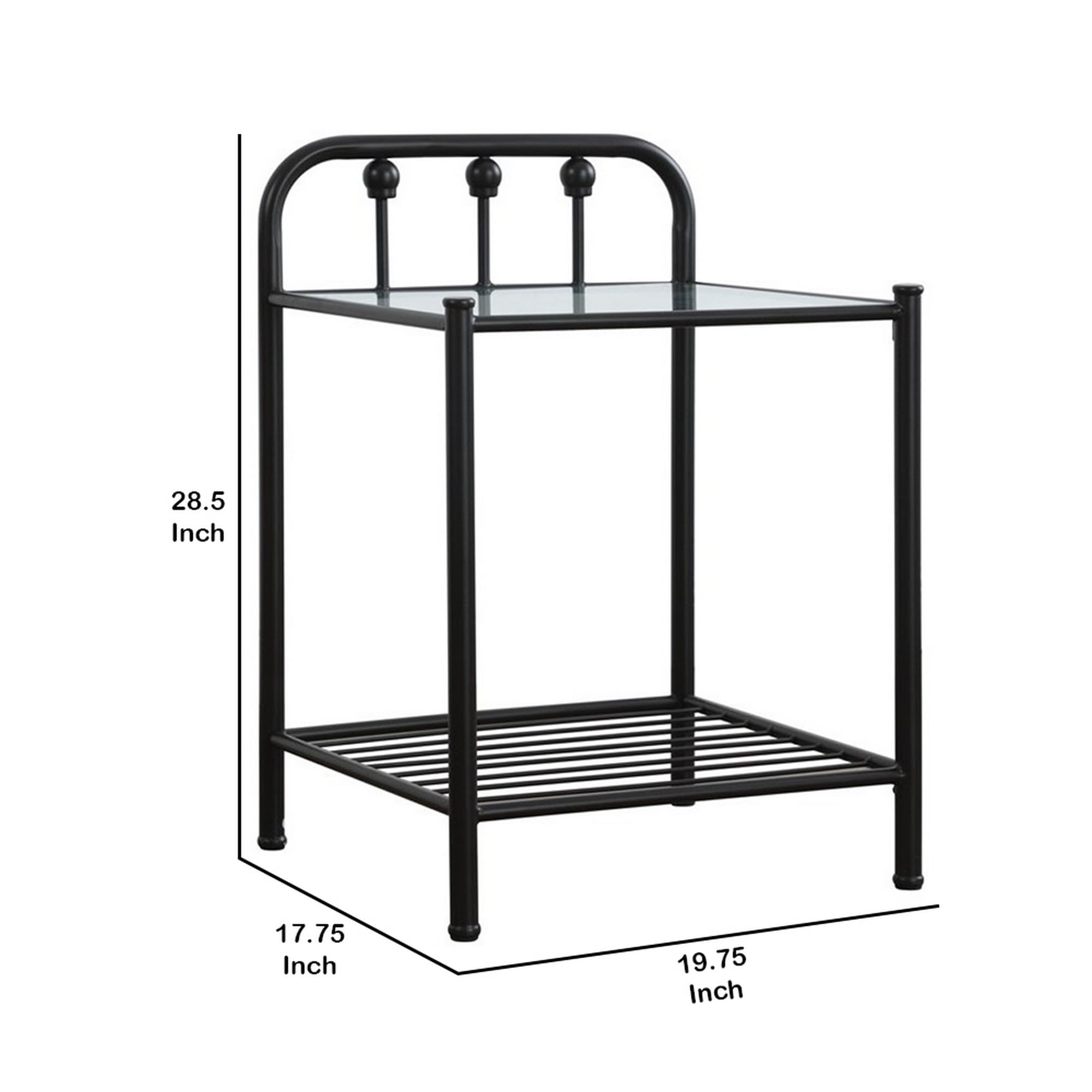 Black Benjara Metal Nightstand with Glass Top & Slatted Open Bottom Shelf - Modern Bedside Table for Bedroom, Living Room, or Office