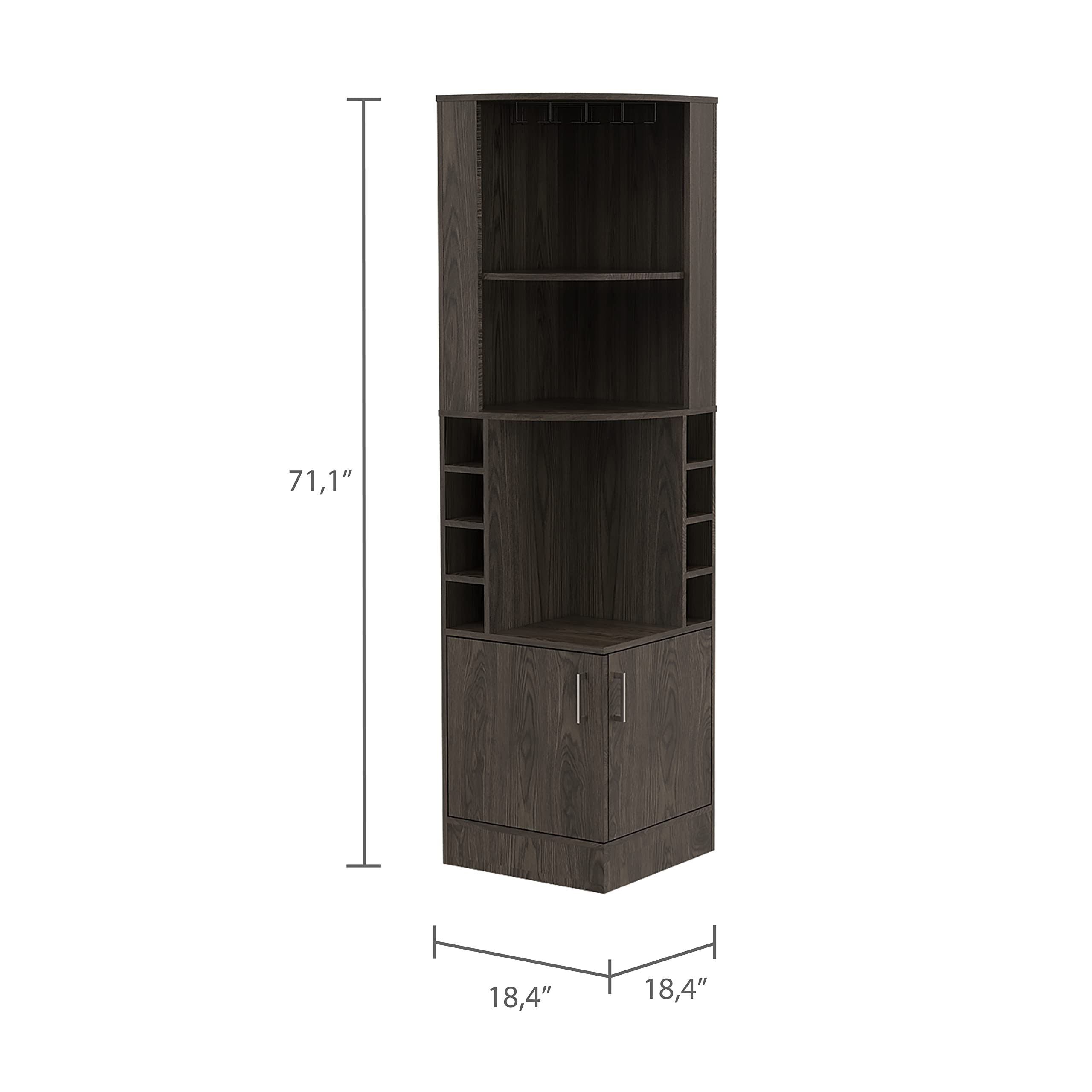 Seattle Corner Bar Cabinet with 3 Open Shelves, Glass Rack, 8 Bottle Storage & Double Doors - Dark Walnut Finish | Perfect for Home Bar, Kitchen, Dining Room & Entertaining Spaces