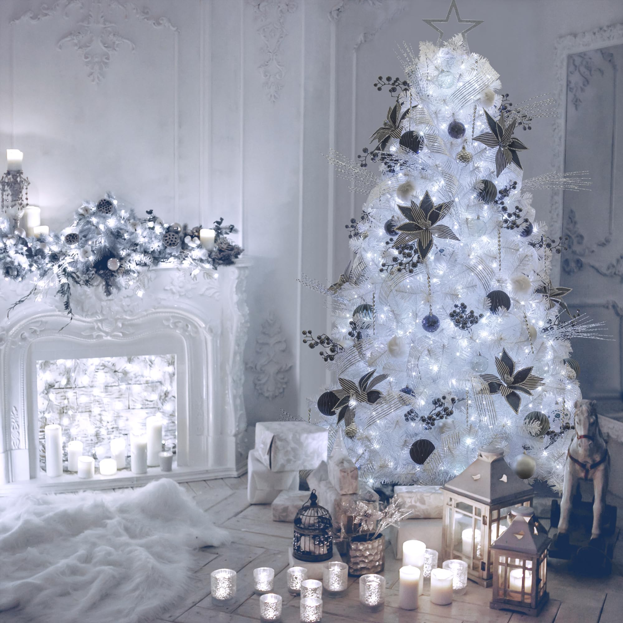 7ft Pre-Lit Christmas Tree with Remote & Timer - White Artificial Tree with Decorations, Ornaments & USB LED Lights for Holiday Home Decor - Perfect for Living Room, Office & Festive Celebrations