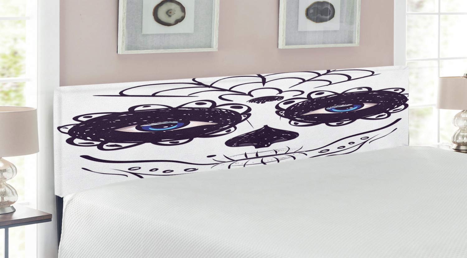 Ambesonne Day of The Dead King Size Headboard - Sugar Skull Girl Face Print Upholstered Metal Bed Frame with Memory Foam | Dia de Los Muertos Black White & Blue Decor | Perfect for Gothic Bedroom, Halloween Decor & Mexican Theme Rooms