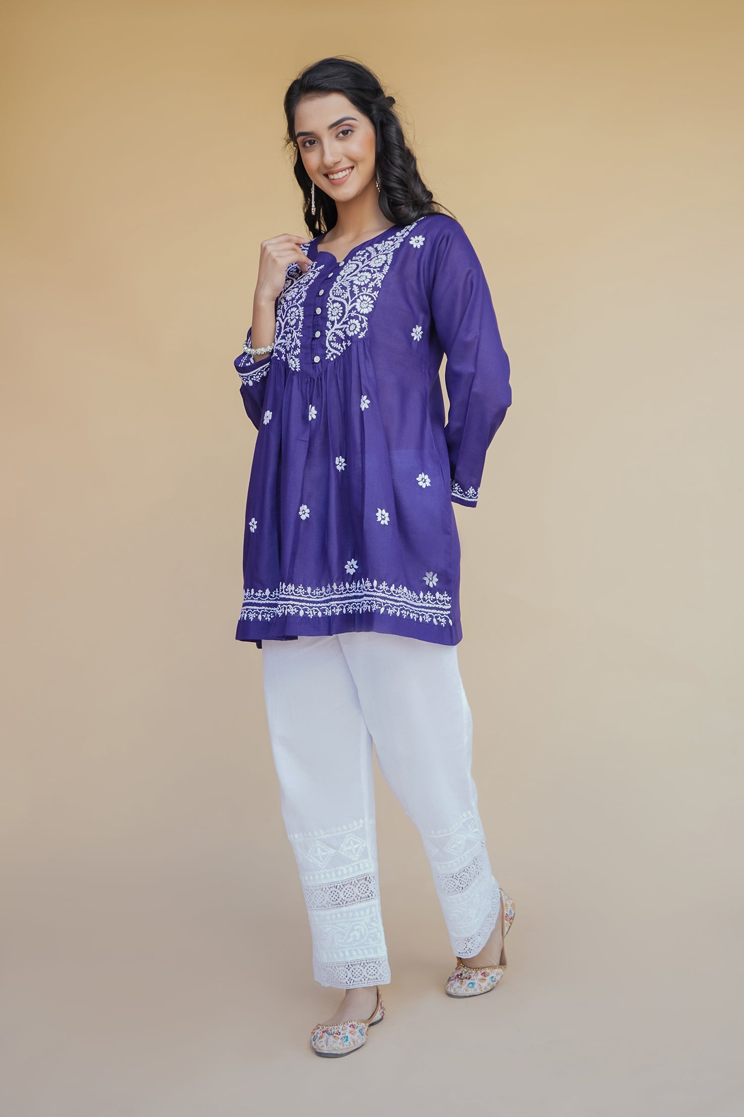 Navy Blue Cotton Chikankari Short Kurta for Women | Traditional Indian Embroidered Top | Perfect for Festivals, Weddings & Casual Wear