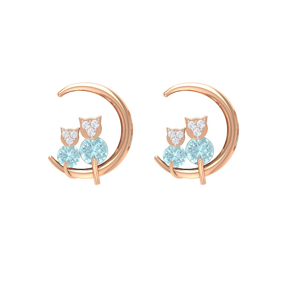 1/2 CT Sky Blue Topaz & Diamond Stud Earrings - December Birthstone Jewelry - 14K Solid Gold Cat on Moon Earrings for Women - Elegant Gift for Christmas, Birthday & Anniversary