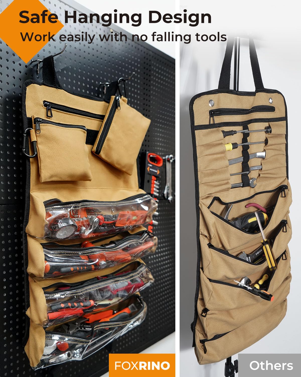 Heavy Duty 18oz Canvas Tool Roll Bag with 4 Clear Pockets & 2 Detachable Pouches - Professional Organizer for Mechanics, Electricians, DIY Enthusiasts - Perfect for Workshop, Garage, and On-the-Go Repairs