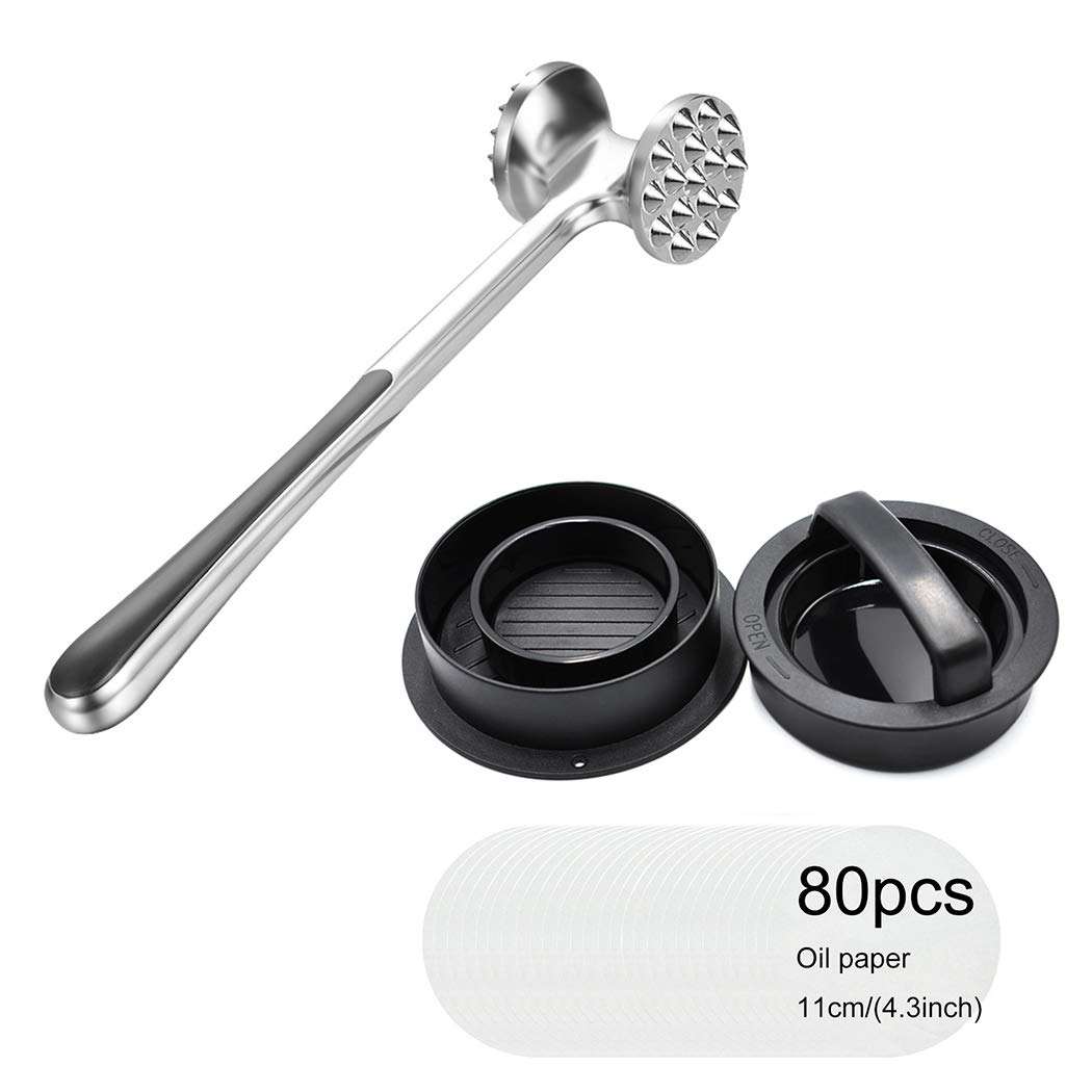 JUSTDOLIFE Manual Meat Press Tool - Stainless Steel Hamburger Patty Maker with Meat Hammer & Patty Paper for Home Kitchen, BBQ, Camping & Outdoor Cooking