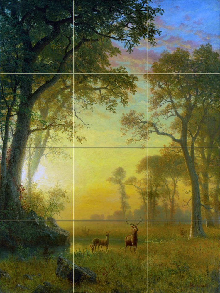Albert Bierstadt Light in The Forest Tile Mural - 3x4 Ceramic Glossy Wall Backsplash for Kitchen & Bathroom - Perfect Behind Stove, Range, or Sink Splashback - Vintage Art Home Decor