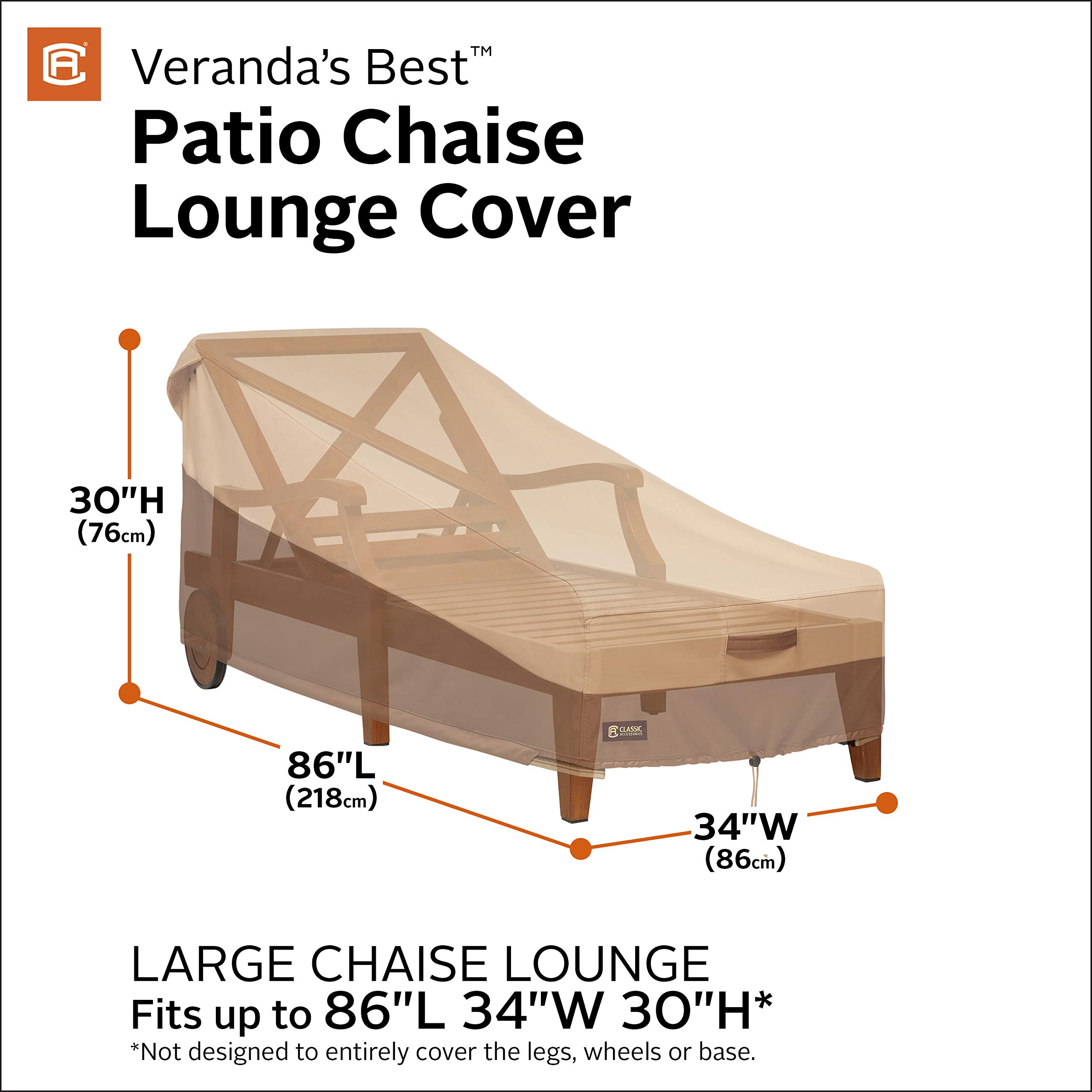 Classic Accessories Veranda's Best Waterproof Patio Chaise Lounge Cover, 86 x 34 x 30 Inch - Durable Outdoor Furniture Protection for Poolside, Garden, and Patio Use