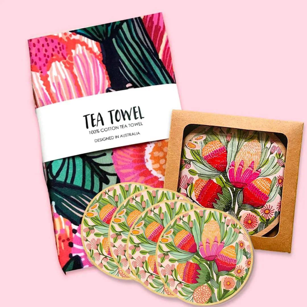 Premium Oz Flowers Tea Towel & Coaster Set - 100% Cotton Kitchen Towels with Matching Coasters for Tea Time, Home Decor, and Gift Giving