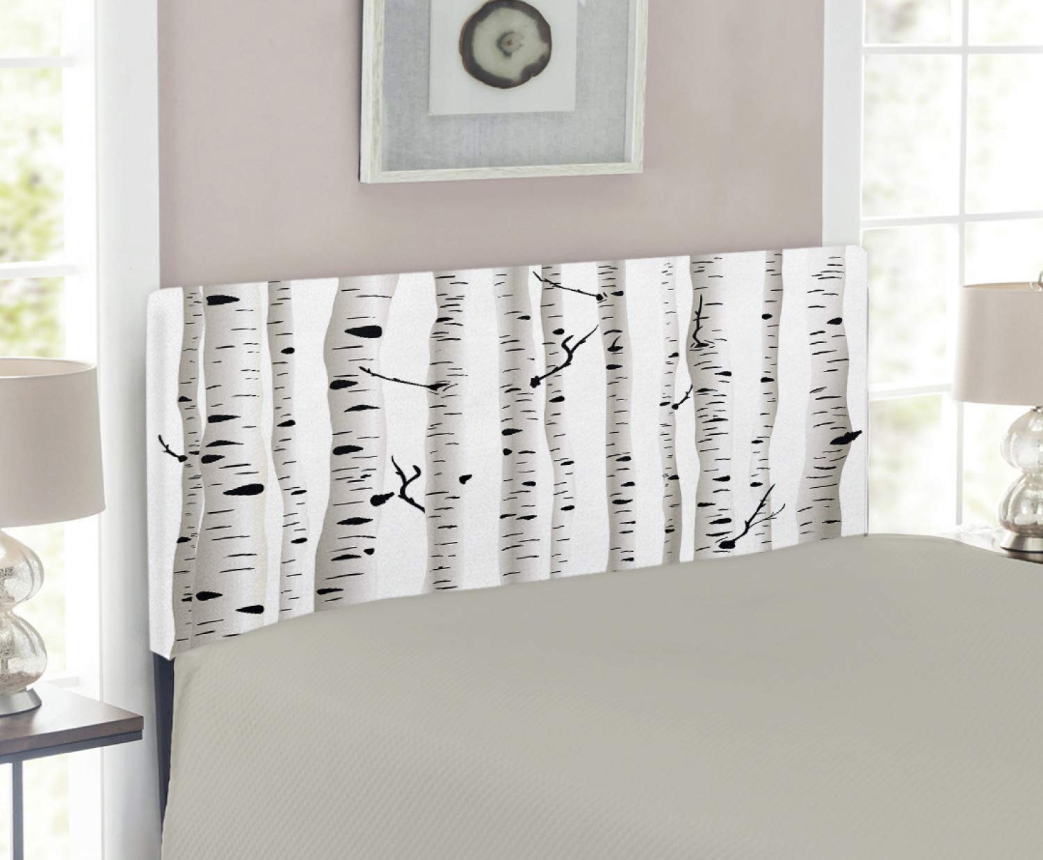 Ambesonne Birch Tree Headboard - Twin Size Upholstered Decorative Metal Bed Frame with Memory Foam | Black & White Forest Nature Design | Perfect for Bedroom Decor, Seasonal Theme Rooms & Nature-Inspired Interiors