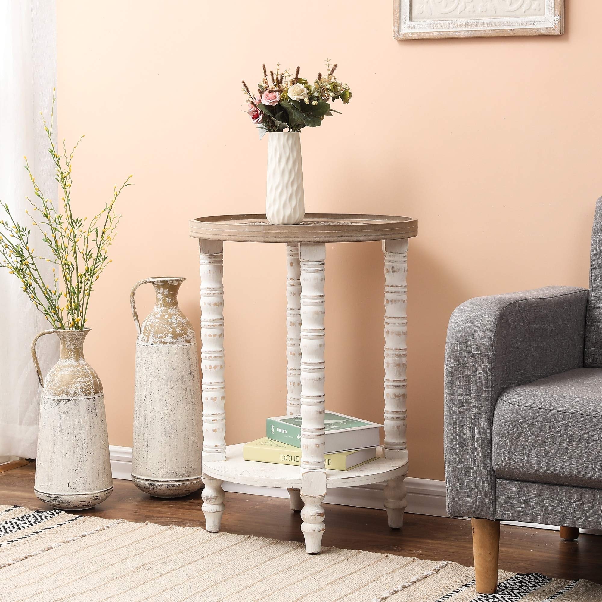 Distressed White Wood Round Accent Table with Shelf - Natural MDF Finish for Living Room, Bedroom & Entryway Decor