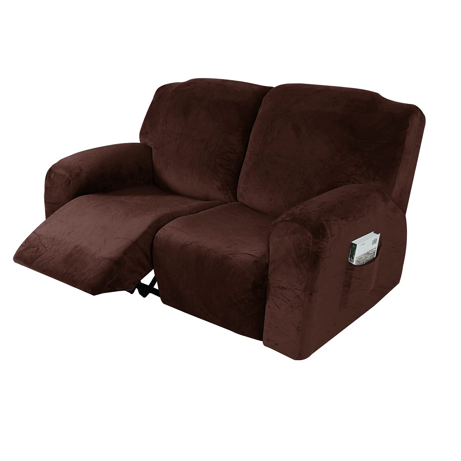 MIFXIN 6-Piece Velvet Stretch Recliner Sofa Cover - Soft Thick Elastic Slipcover for 2-Seat Loveseat & Reclining Couch, Anti-Slip Washable Furniture Protector (Brown) - Perfect for Living Room, Home Theater & Family Room Decor