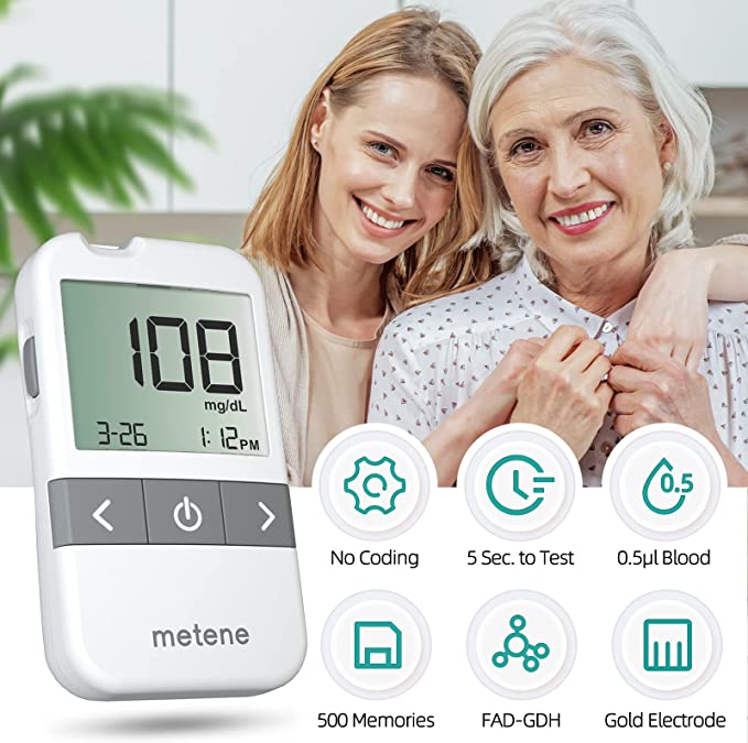 Metene AGM 513S Blood Glucose Monitor Kit with 100 Test Strips & 100 Lancets - Accurate Diabetes Testing for Home Use & Travel