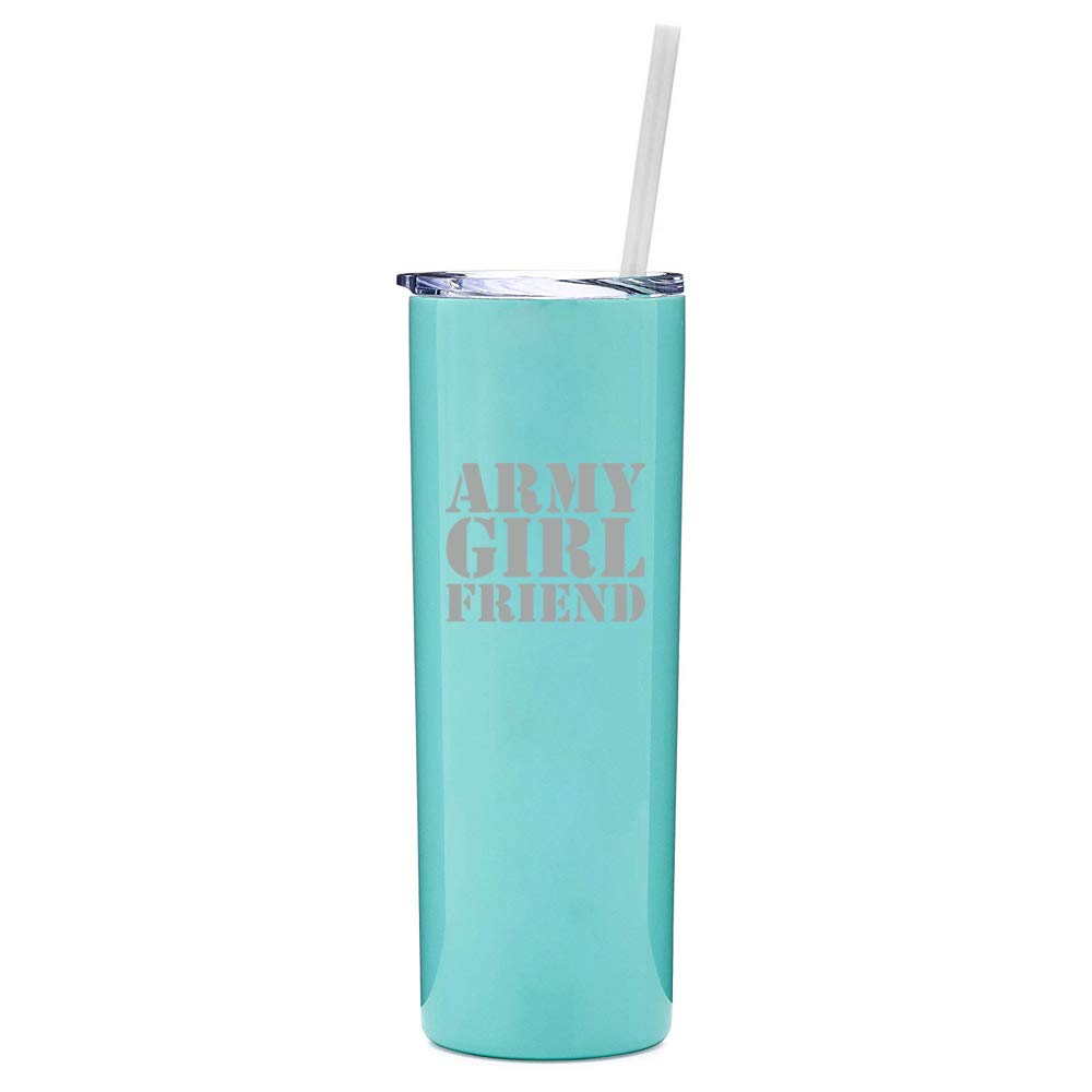 20 oz Skinny Tall Stainless Steel Vacuum Insulated Tumbler with Straw - Leakproof Travel Mug for Coffee & Tea - Perfect Gift for Army Girlfriend (Light Blue) - Ideal for Office, Gym, Hiking & Road Trips