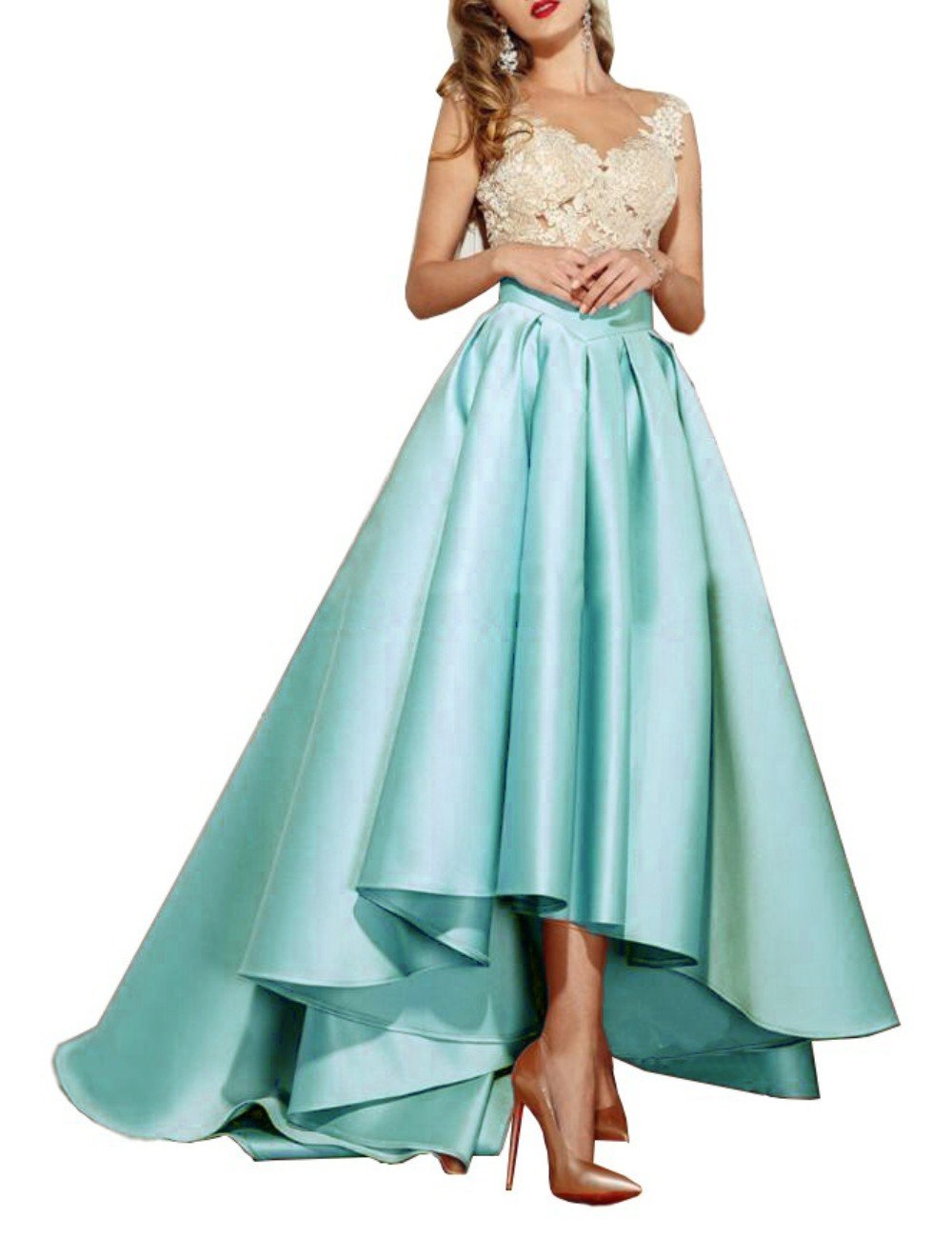 Elegant MariRobe Women's Lace High-Low Prom Gown with Illusion Back - Formal Evening Dress for Homecoming, Prom Night & Special Occasions