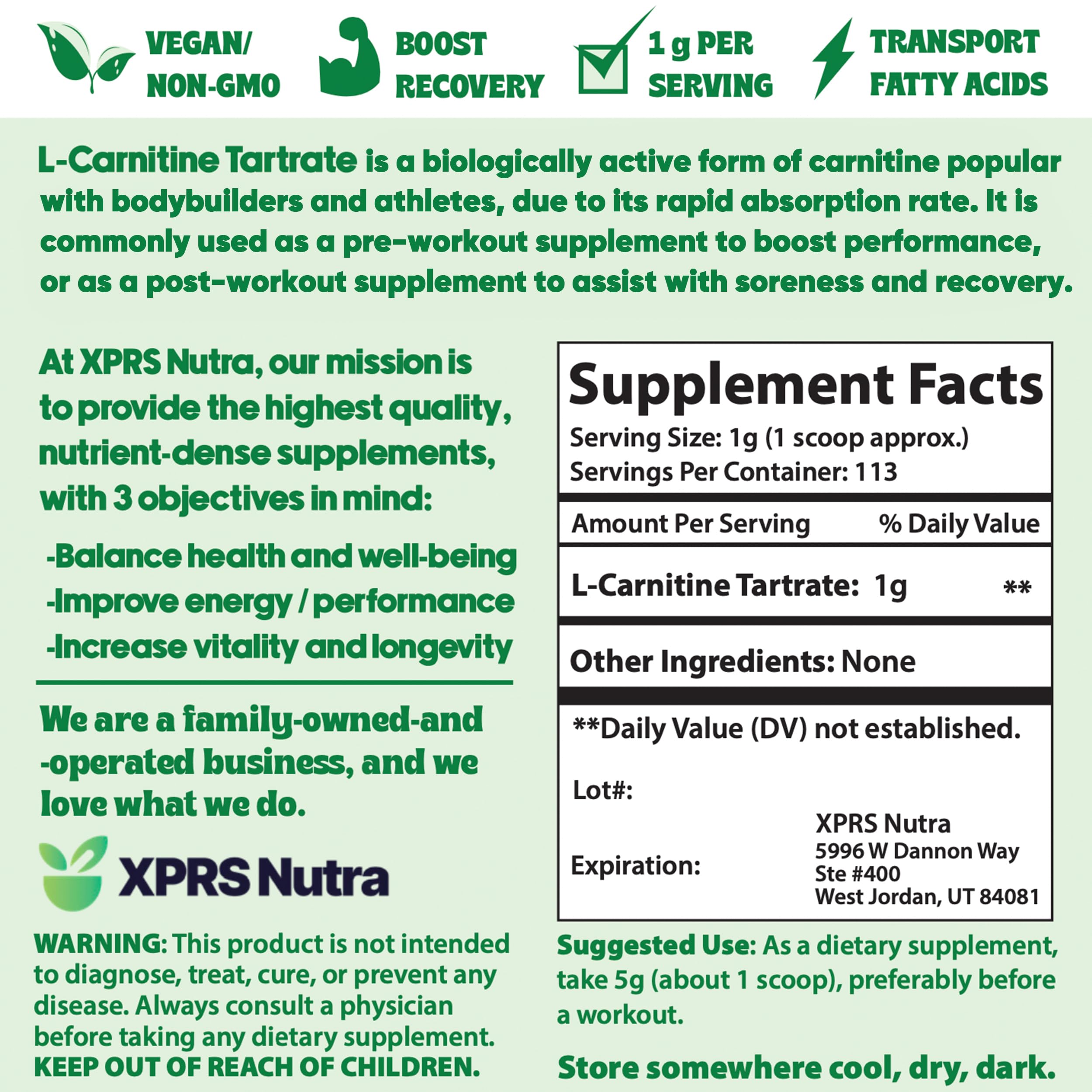 Premium Pure L-Carnitine Tartrate Powder - Vegan Friendly Amino Acid Supplement for Weight Loss & Energy Boost - Bulk L-Carnitine Powder for Athletes & Fitness (4 Ounce) - Perfect for Pre-Workout & Post-Exercise Recovery