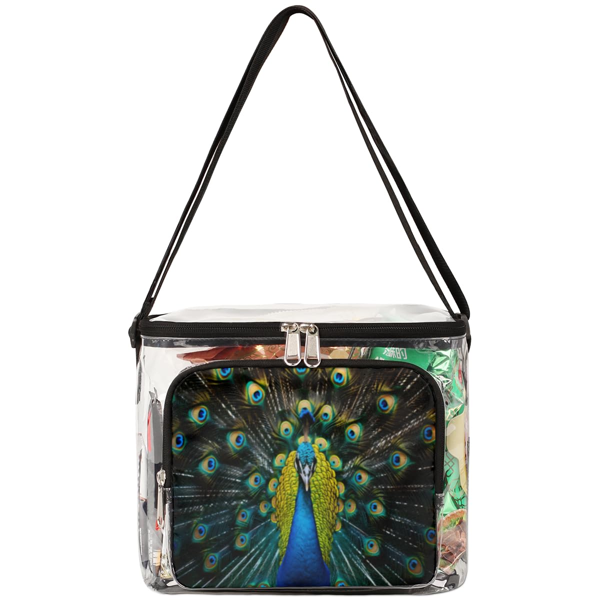 GzLeyigou Transparent Peacock Print Tote Bag with Handles - Clear Shoulder Bag for Women, Fashionable Crossbody Purse for Outdoor, Travel, Picnic, Concerts & Sports Events (Stadium Approved) - Perfect for Beach Days, Music Festivals and Shopping Trips
