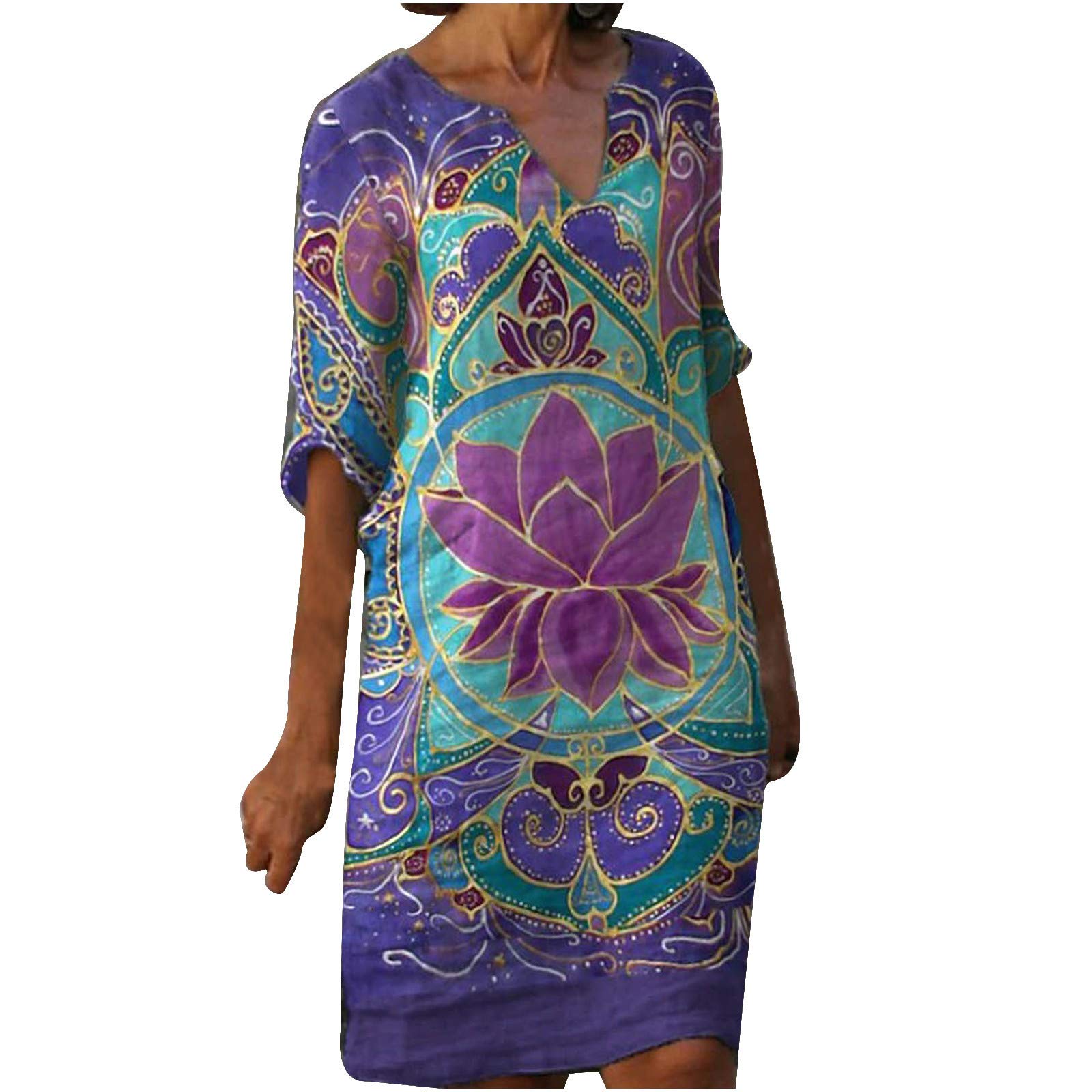 Printed Short Sleeve V-Neck Shift Dress - Women's Casual Summer Mini Dress for Vacation & Beach | Trendy 2022 Fashion | Perfect for Parties, Dates & Outdoor Activities