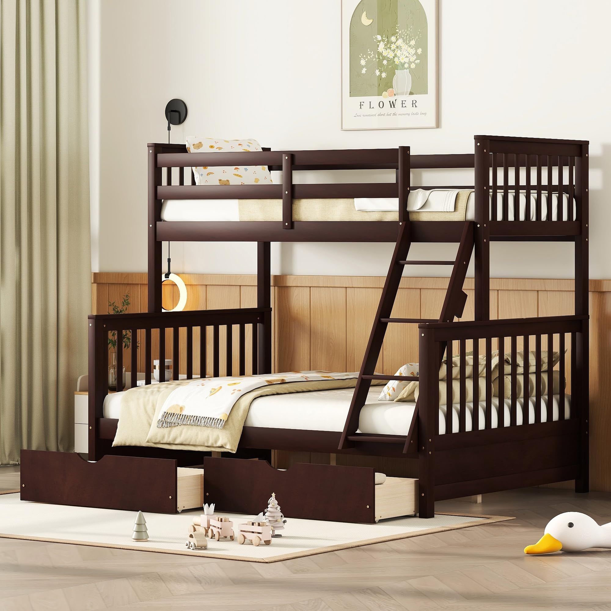 Harper & Bright Designs Twin Over Full Bunk Bed with Storage Drawers - Solid Pine Wood Frame, Safety Guard Rails & Ladder - Space Saving Kids & Teens Bunk Bed for Boys & Girls - No Box Spring Needed - Espresso Finish - Perfect for Small Bedrooms, Shared Kids Rooms & Vacation Homes