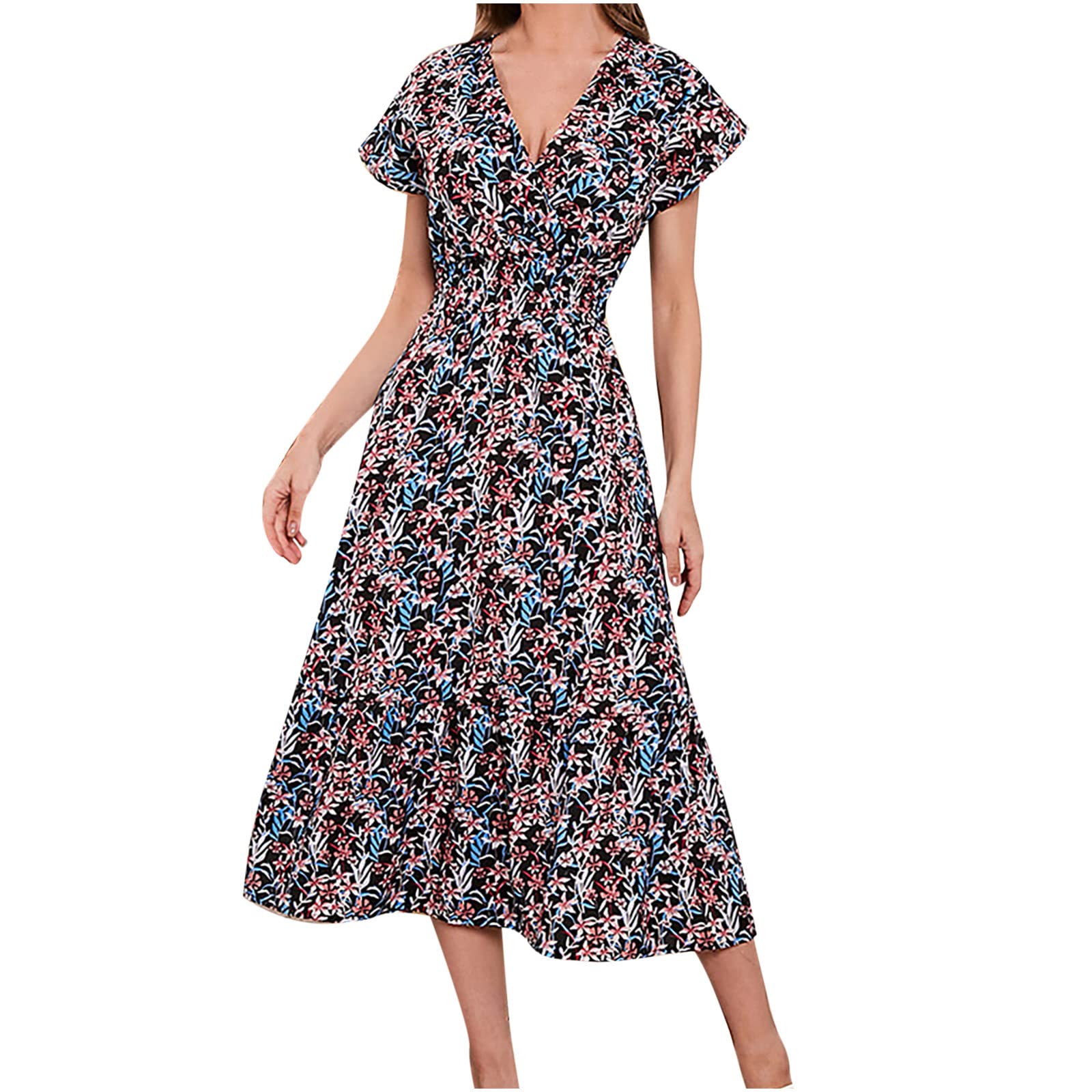 Bohemian Dress for Women - V-Neck Floral Print Cap Sleeve Elastic Waist Flowy Maxi Dress | Perfect for Beach Vacation, Summer Outfits & Casual Wear