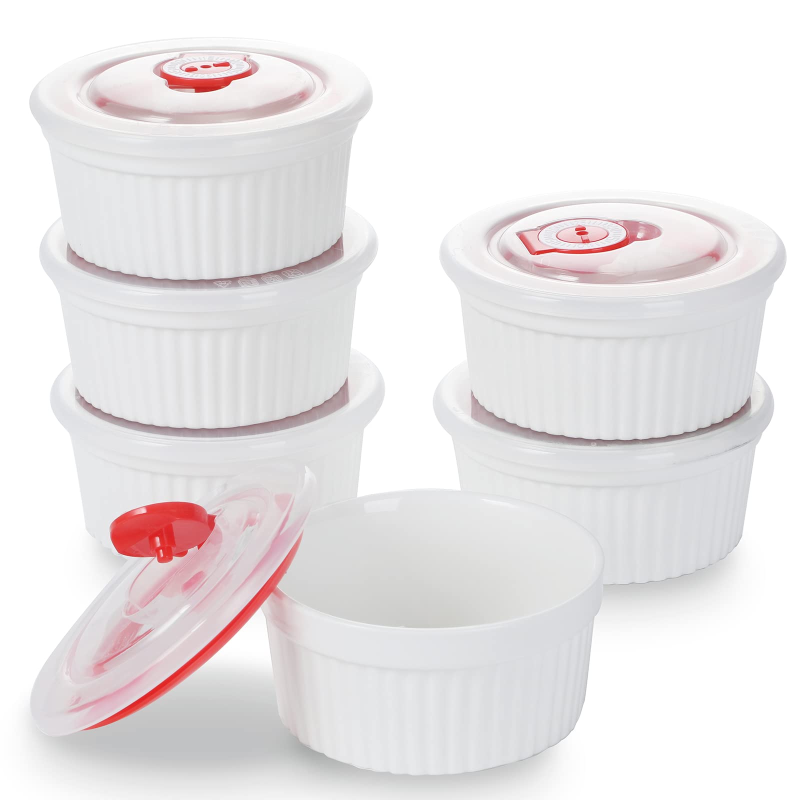 12 oz Porcelain Ramekins with Lids - 6-Piece Oven-Safe Baking Set for Soufflé, Crème Brûlée, Pudding & Custard | Perfect for Desserts, Meal Prep & Entertaining (4.5 Inch, White)