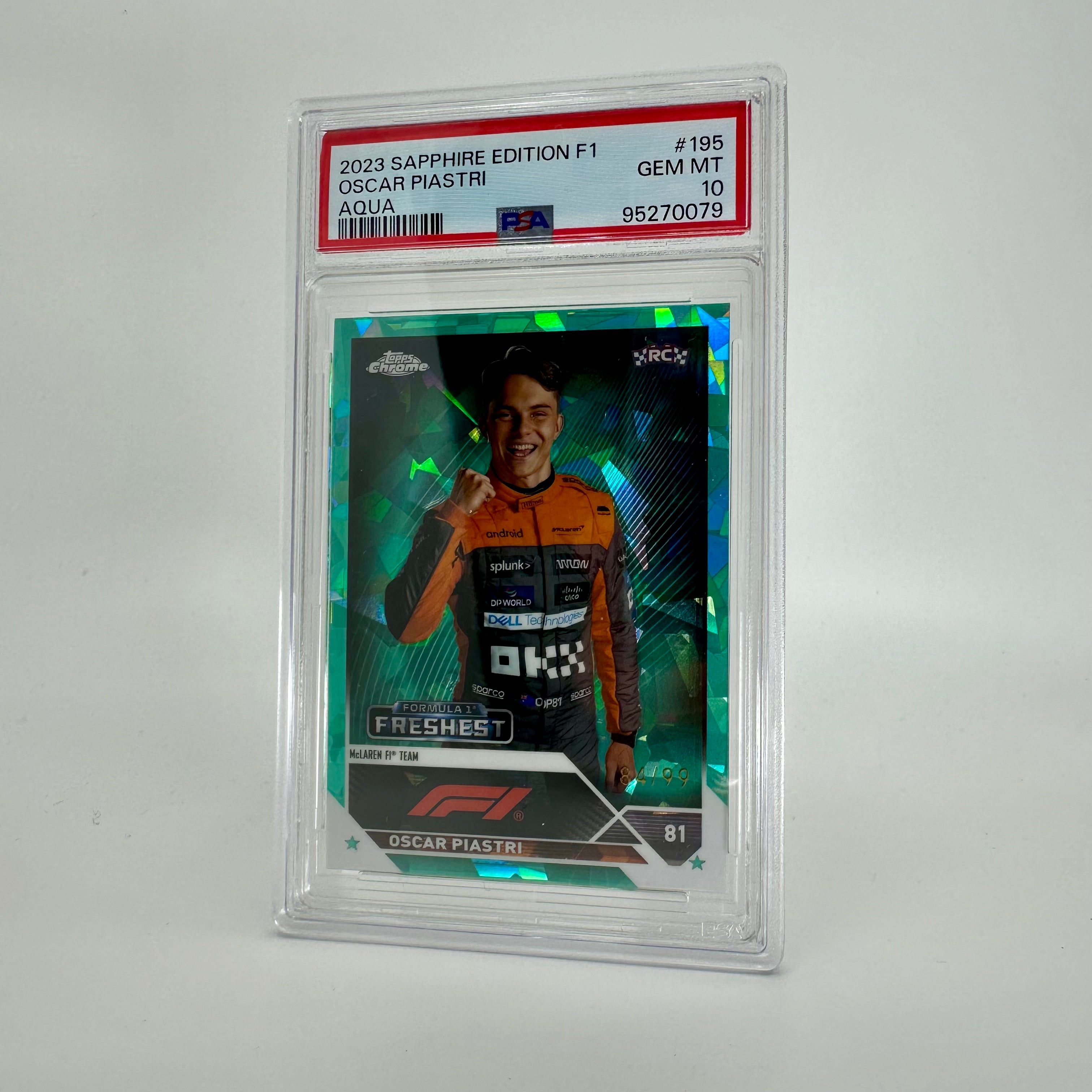 2023 Topps Chrome F1 Oscar Piastri #195 PSA 10 Rookie Card - 84/99 Aqua Sapphire Edition | Collectible Racing Memorabilia for F1 Fans & Sports Card Enthusiasts
