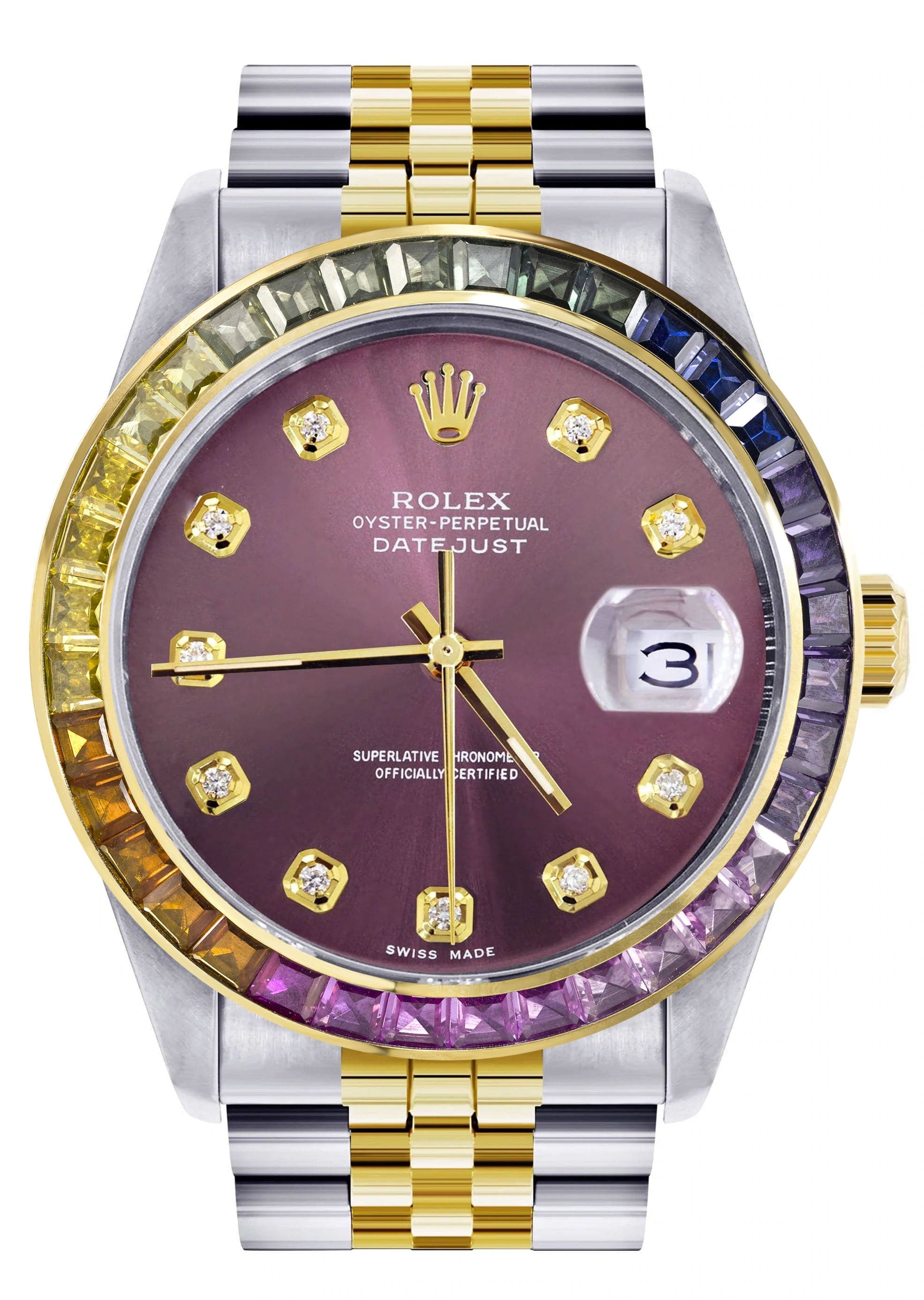 Luxury Men's Rolex Watch 16233 - 36mm Diamond Gold Case, Rainbow Sapphire Bezel & Purple Dial with Jubilee Bracelet - Perfect for Business Meetings, Gala Events & Luxury Gift Giving