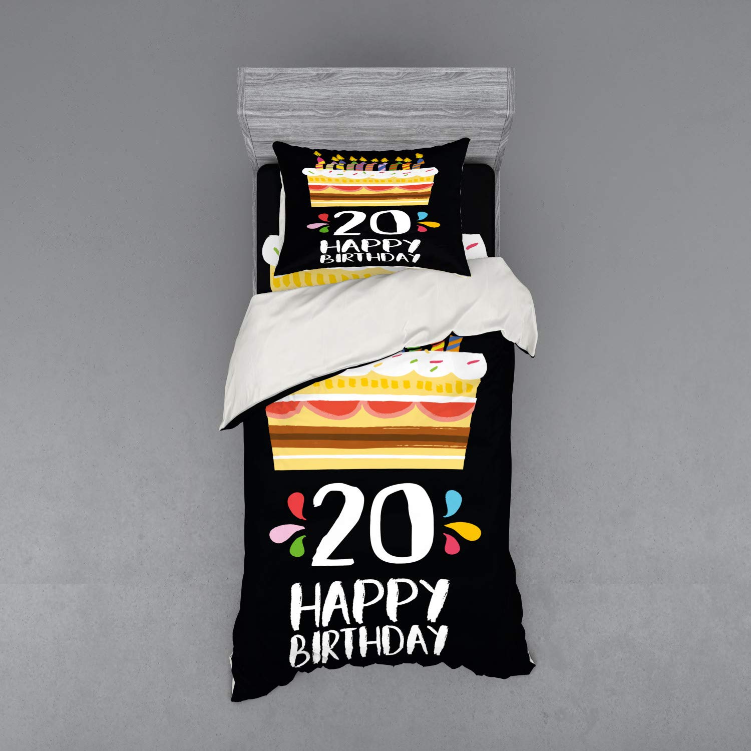 Ambesonne 20th Birthday Bedding Set - Vintage Cartoon Cake with Candles Duvet Cover, Sham & Fitted Sheet - Twin XL Size Multicolor - Perfect for Teen Room Decor & Birthday Party Theme Bedding