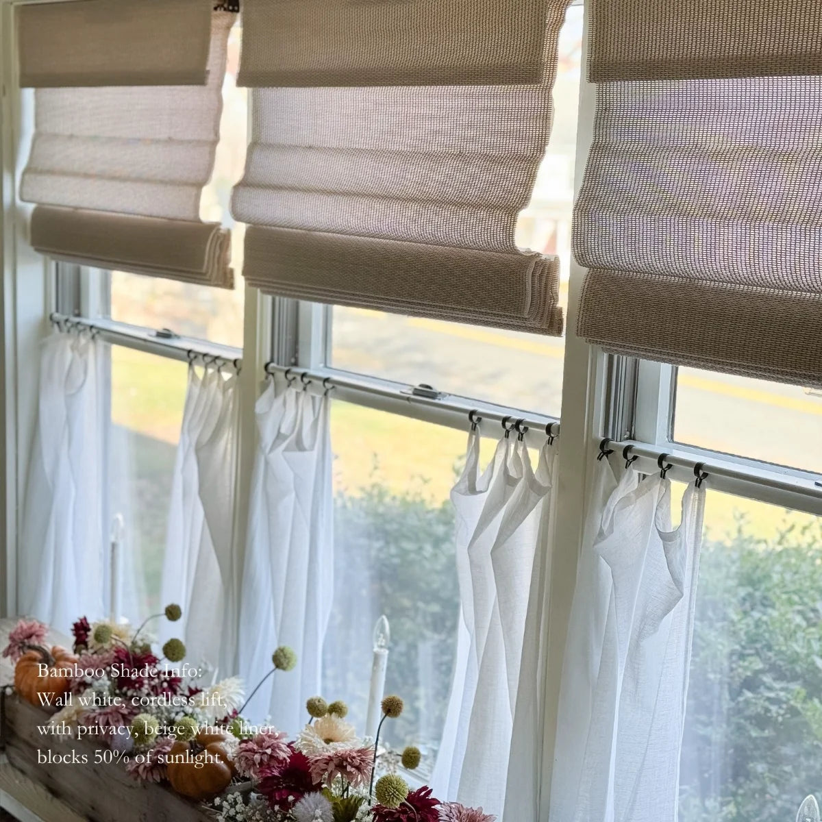 Sybil Bamboo Roman Shade - Natural Wall White Window Treatment for Living Room & Bedroom