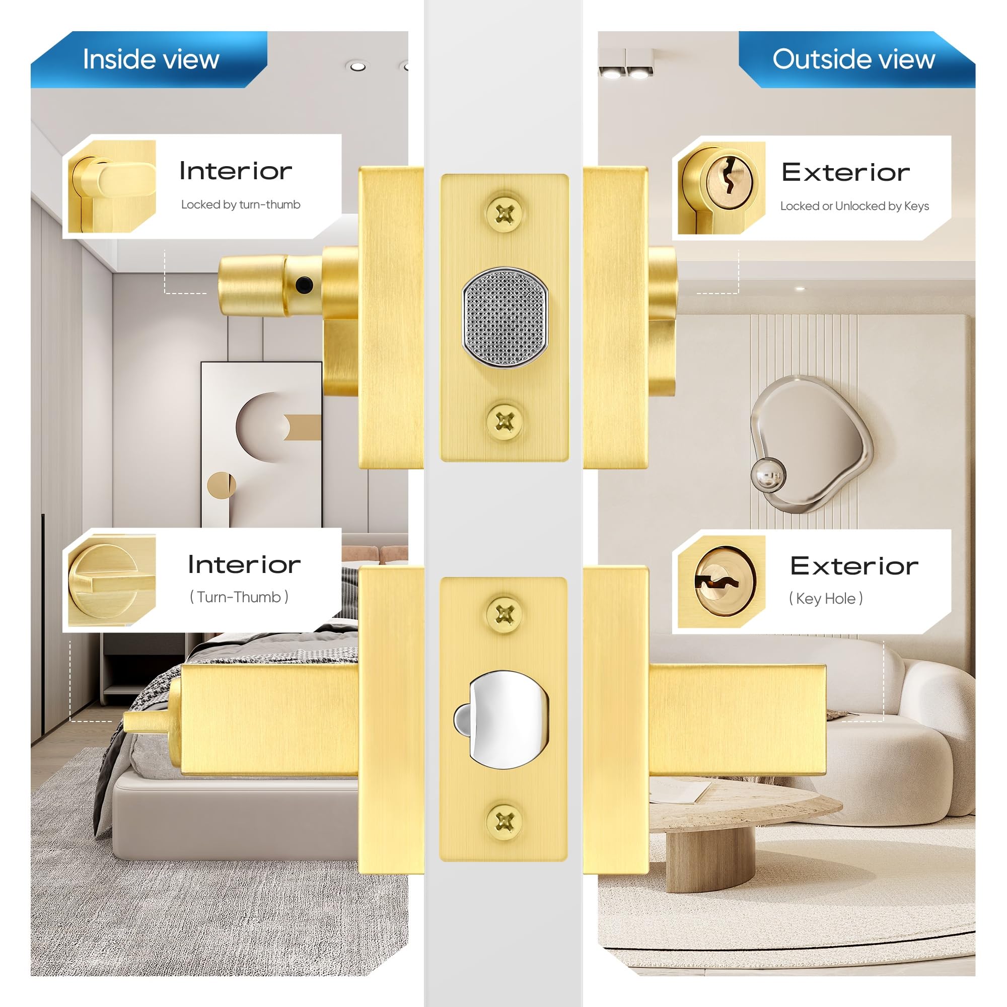 Leydebong 4-Pack Heavy Duty Front Door Handle & Deadbolt Set - Single Cylinder Keyed Alike Lever Door Handle for Office & Entrance Doors (Gold Finish) - Perfect for Home Security & Commercial Buildings