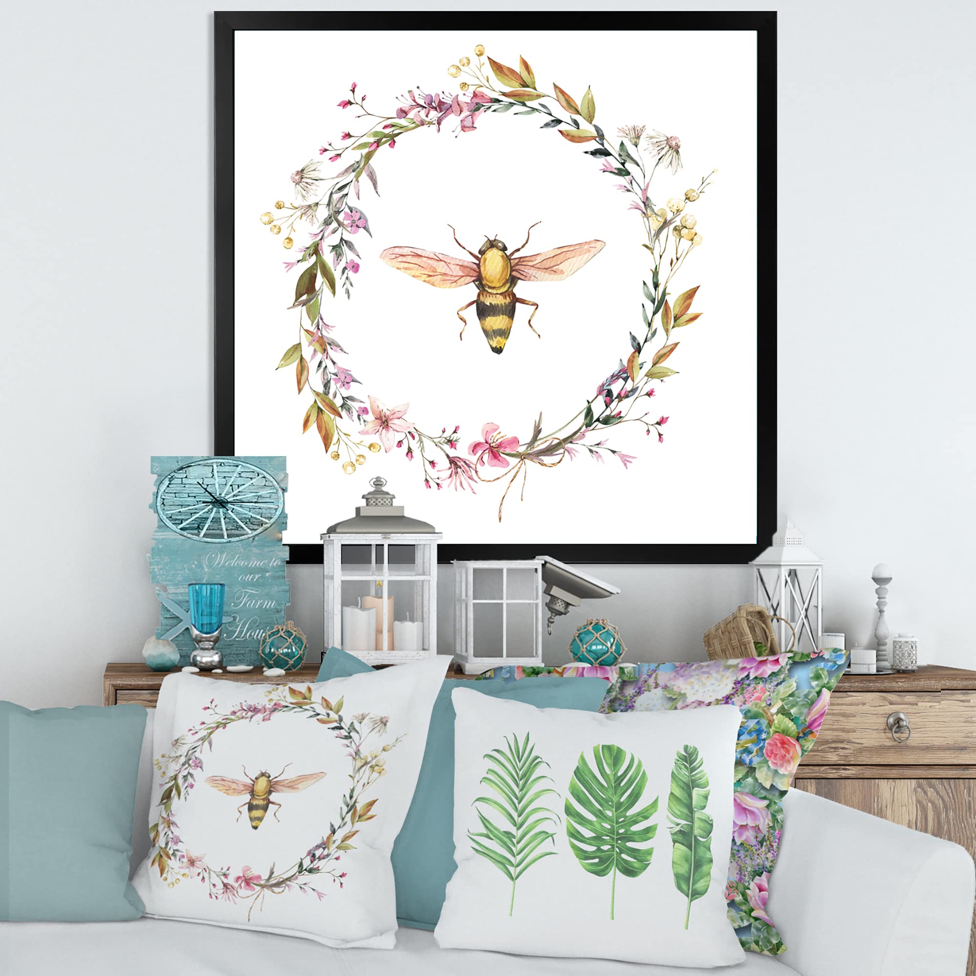 DesignQ Bee In Wildflowers Wreath Farmhouse Framed Wall Art - Rustic Home Decor for Living Room, Bedroom & Kitchen - Perfect Gift for Housewarming & Wedding