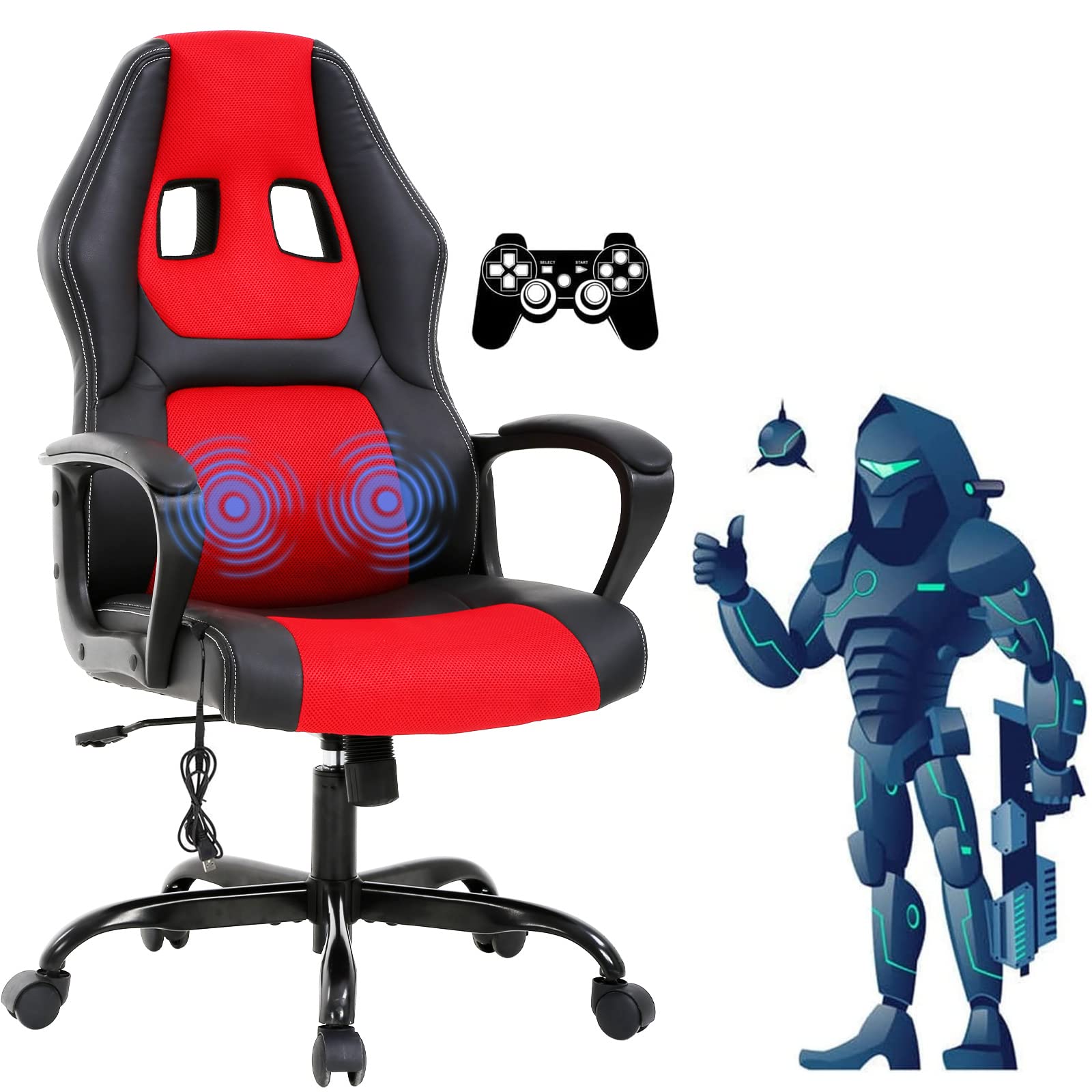 Ergonomic Gaming Chair with Massage & Lumbar Support - Adjustable Reclining Office Computer Chair for Adults & Teens - Headrest, Armrest & Swivel Wheels - Perfect for Esports, Streaming & Home Office (Red)