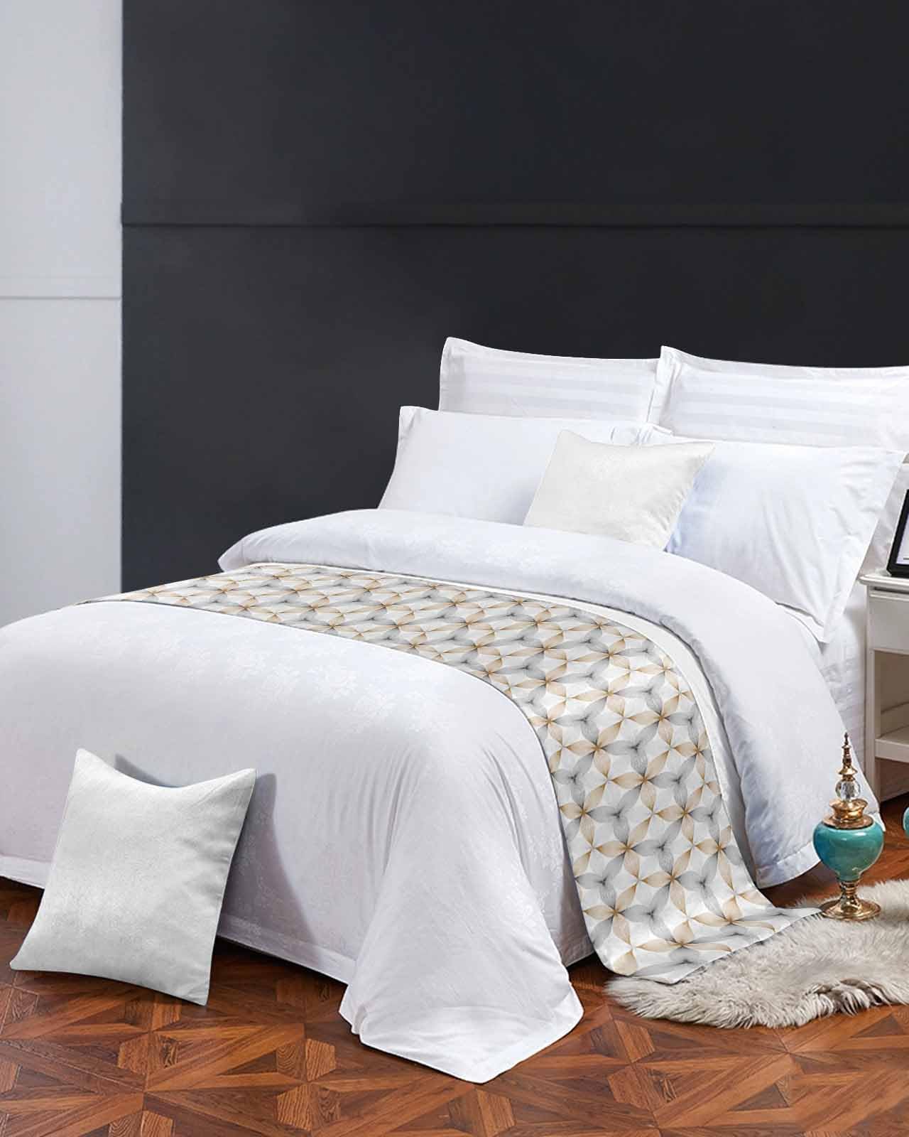 Luxury Brown Bed Runner Scarf King Size - Soft Bed Throw for Twin, Full, Queen & King Beds - Elegant Hotel & Wedding Bedroom Decoration - Abstract Geometric Grey White Design 94