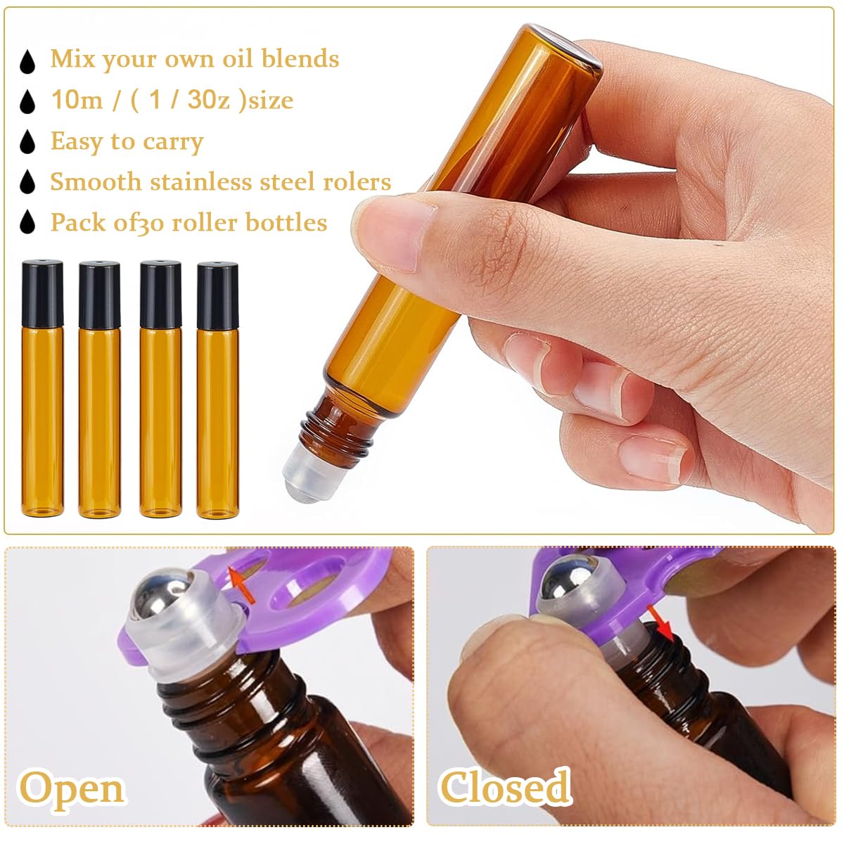 MAYCREATE® 15Pcs 10ml Glass Roller Bottles with Stainless Steel Roller Balls - Essential Oil Roller Bottles for Coconut Oil, Jojoba Oil, Sweet Almond Oil - Includes Funnel & Cap Opener Tool - Perfect for DIY Aromatherapy, Travel & Skincare
