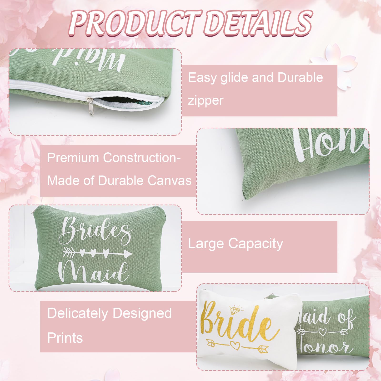 Whaline 8Pcs Bridesmaid Makeup Bags - Sage Green Cosmetic Organizer with Zipper for Wedding, Bridal Shower & Party Favors - Perfect Gift for Maid of Honor, Bachelorette & Women's Travel Essentials