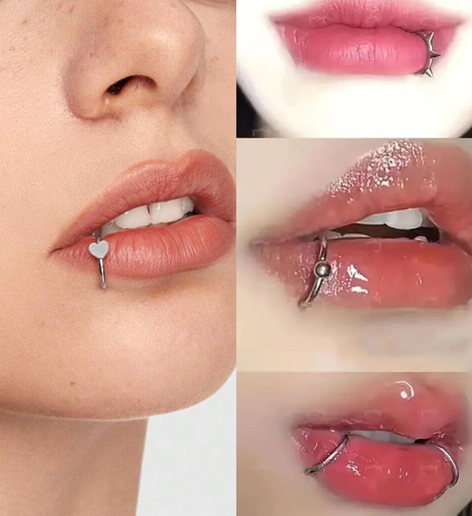 QWALIT Fake Lip Piercing Ring - Clip-On Nose & Snake Bites Jewelry Set - Faux Lip & Nose Rings for Costume, Halloween & Alternative Fashion - Ear Cuff Earrings for Women & Men