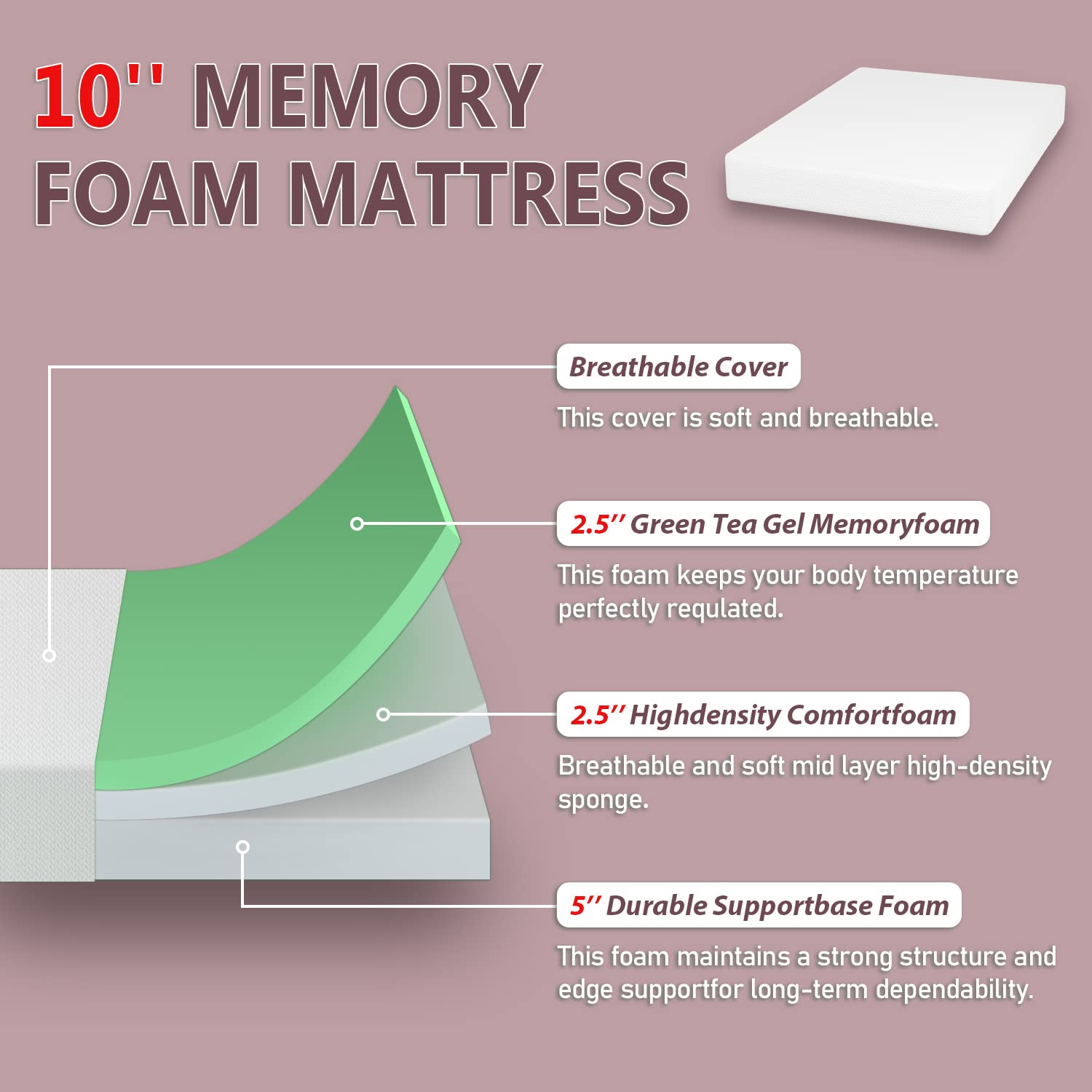 10 Inch Queen Size Green Tea Memory Foam Mattress - CertiPUR-US Certified, Fiberglass Free with Removable Soft Cover | Perfect for Bed Frames, Bunk Beds, Trundles & Daybeds | Breathable & Pressure-Relieving for Restful Sleep