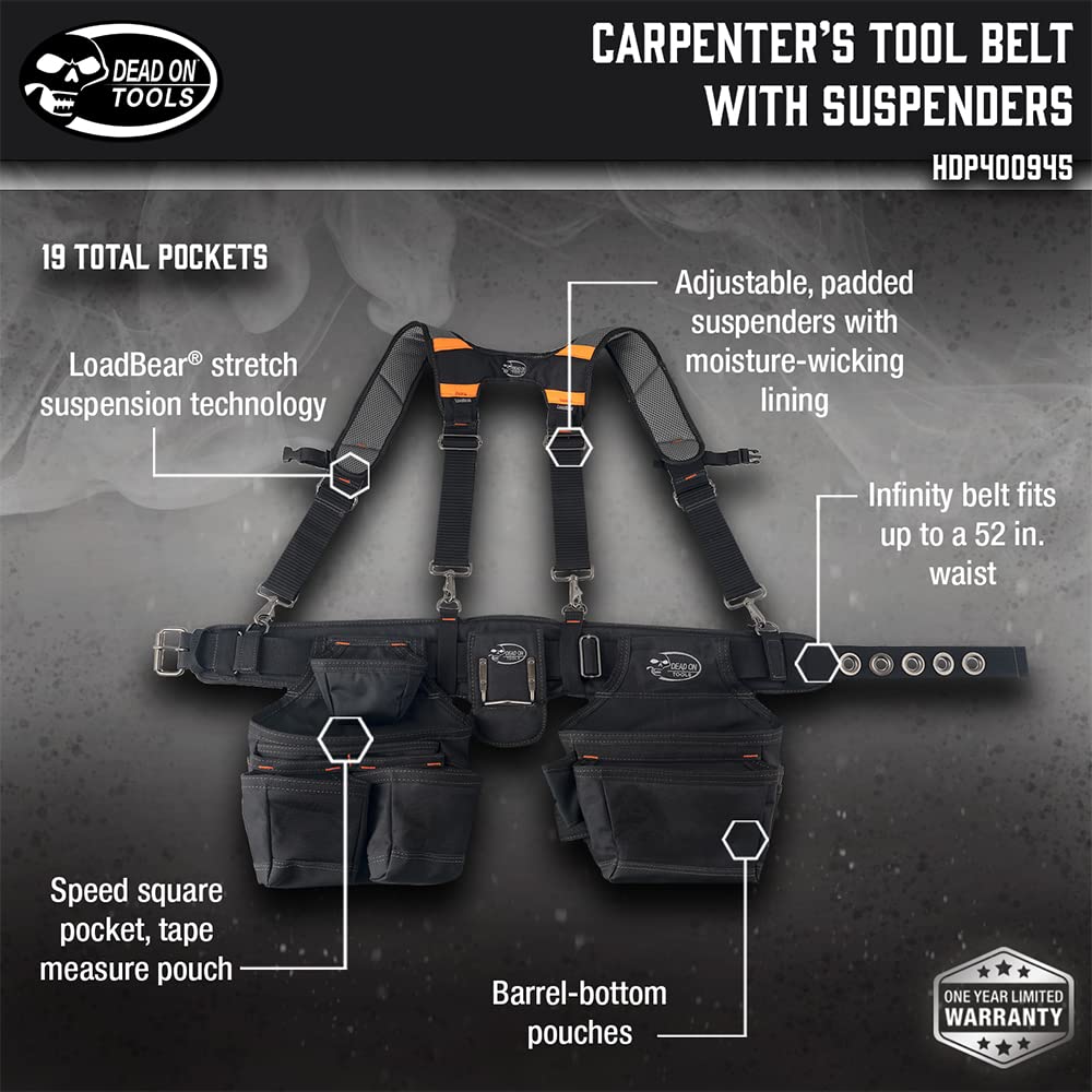 Dead On Tools HDP400945 Heavy-Duty 1680D Poly Carpenter Tool Belt with Suspenders - Durable Black Work Belt for Construction, Carpentry & DIY Projects