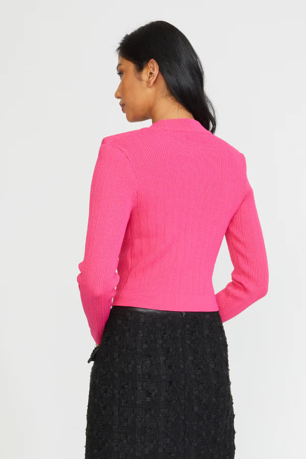 Women's Fitted Shoulder Pad Cardigan - Soft Knit Long Sleeve Open Front Sweater in Fuchsia Pink | Perfect for Office Wear, Casual Outfits & Layering in Fall/Winter