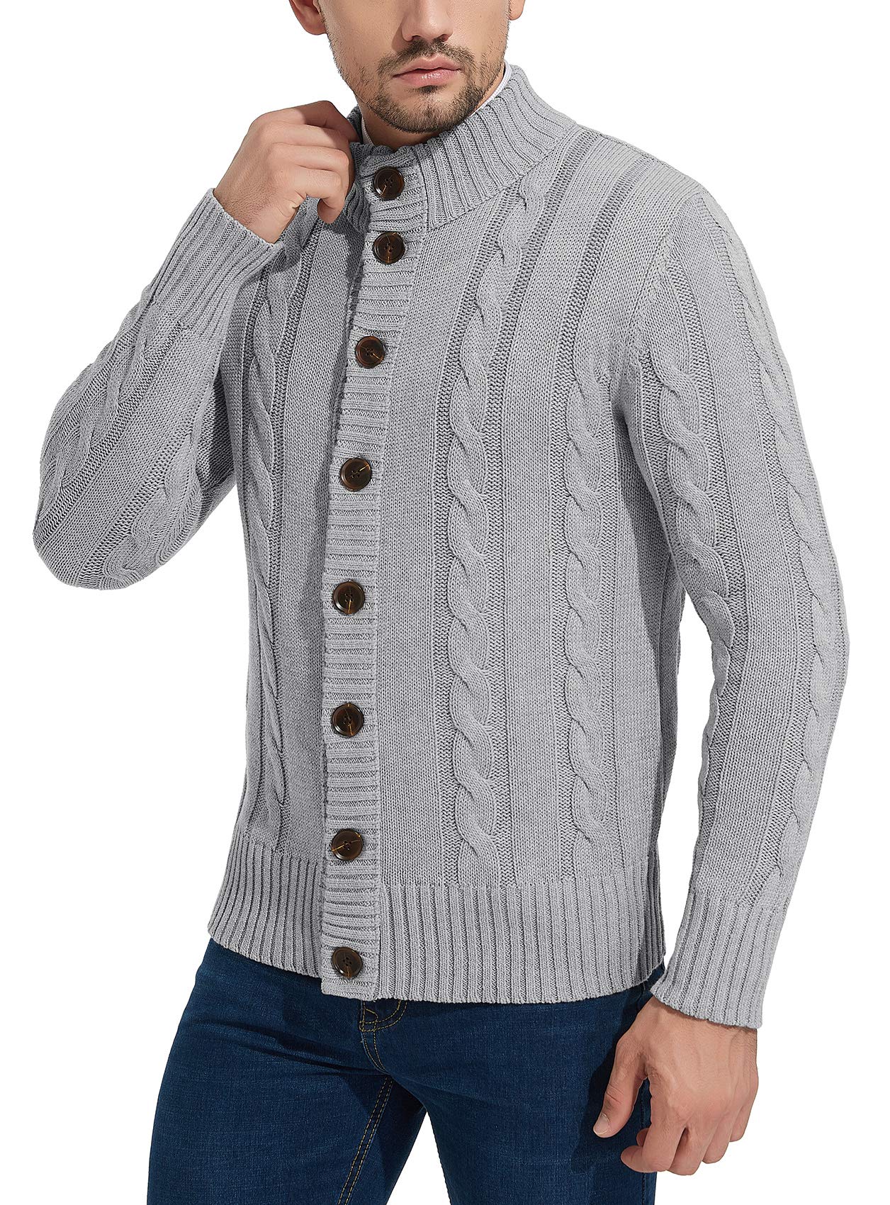 NITAGUT Men's Long Sleeve Stand Collar Cable Knit Cardigan Sweater with Buttons - Cozy Winter Pullover for Office, Dating & Casual Outfits