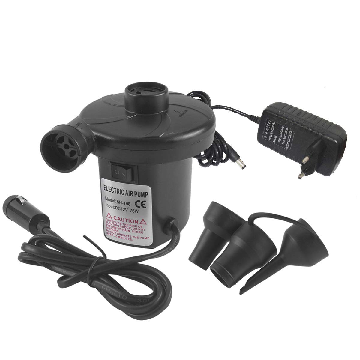 Ueohitsct Dual-Purpose Electric Air Pump for Cars & Household - 3 Nozzles for Air Mattress, Inflatable Beds, Pool Floats | Portable Inflator Deflator for Camping, Travel & Emergency Use